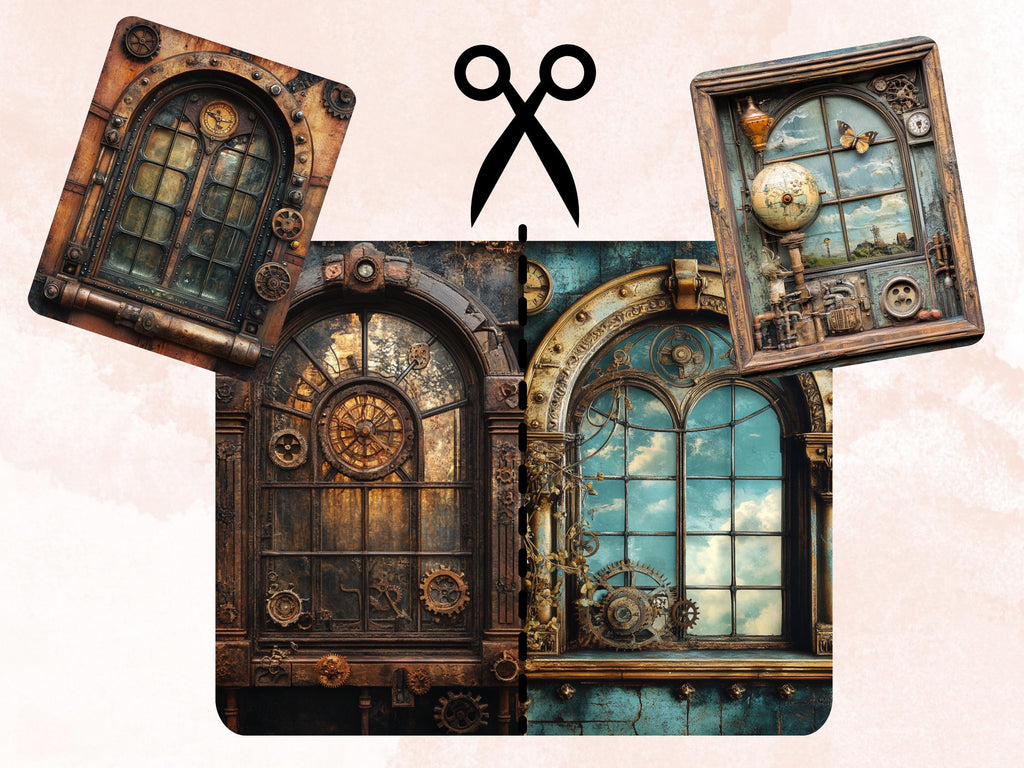 Steampunk Windows Collage Paper, Surreal Steampunk Mixed Media Sheet, Industrial Window Background, Whimsical Ephemera, Journal, Scrapbook