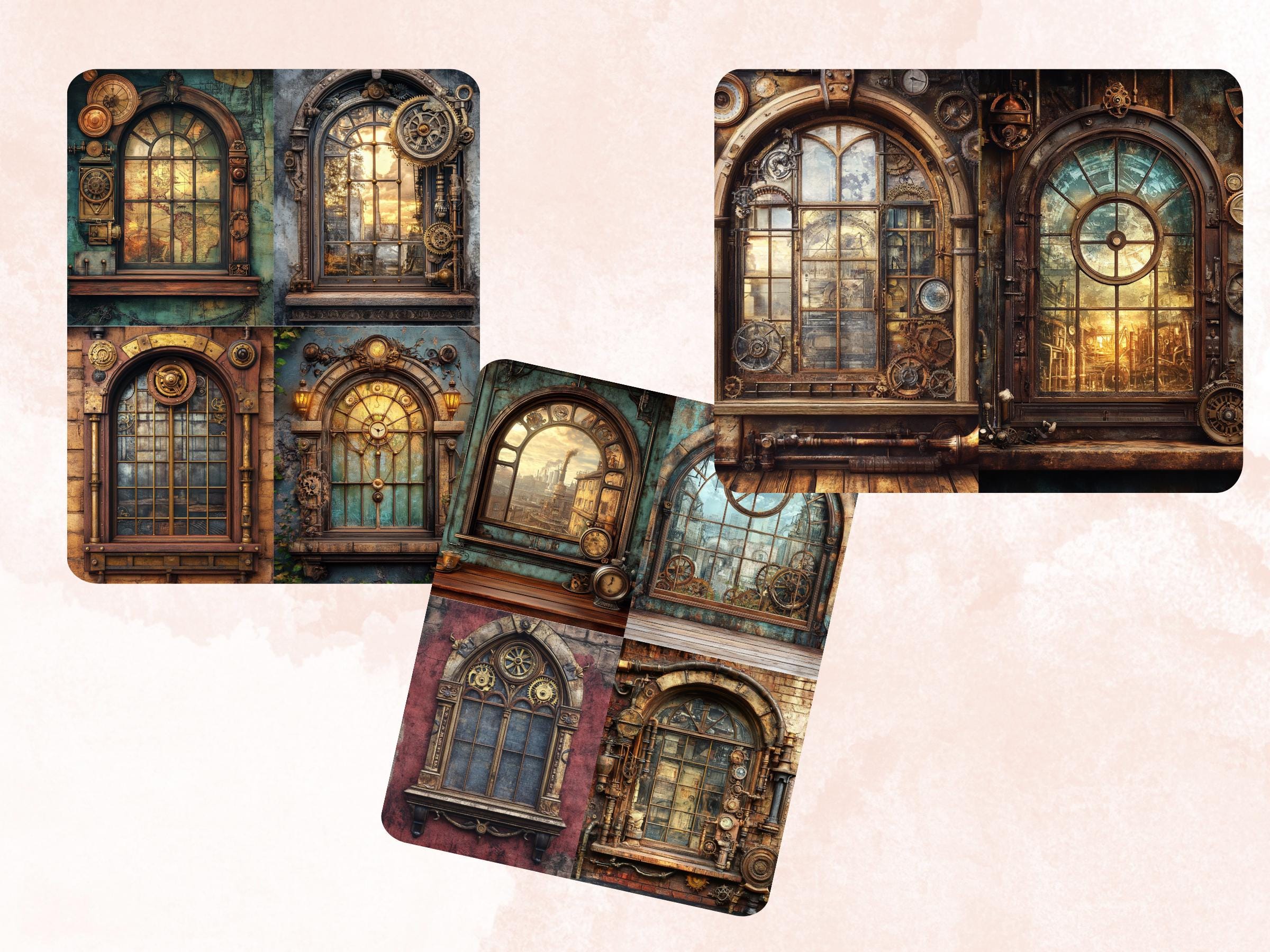Steampunk Windows Collage Paper, Surreal Steampunk Mixed Media Sheet, Industrial Window Background, Whimsical Ephemera, Journal, Scrapbook