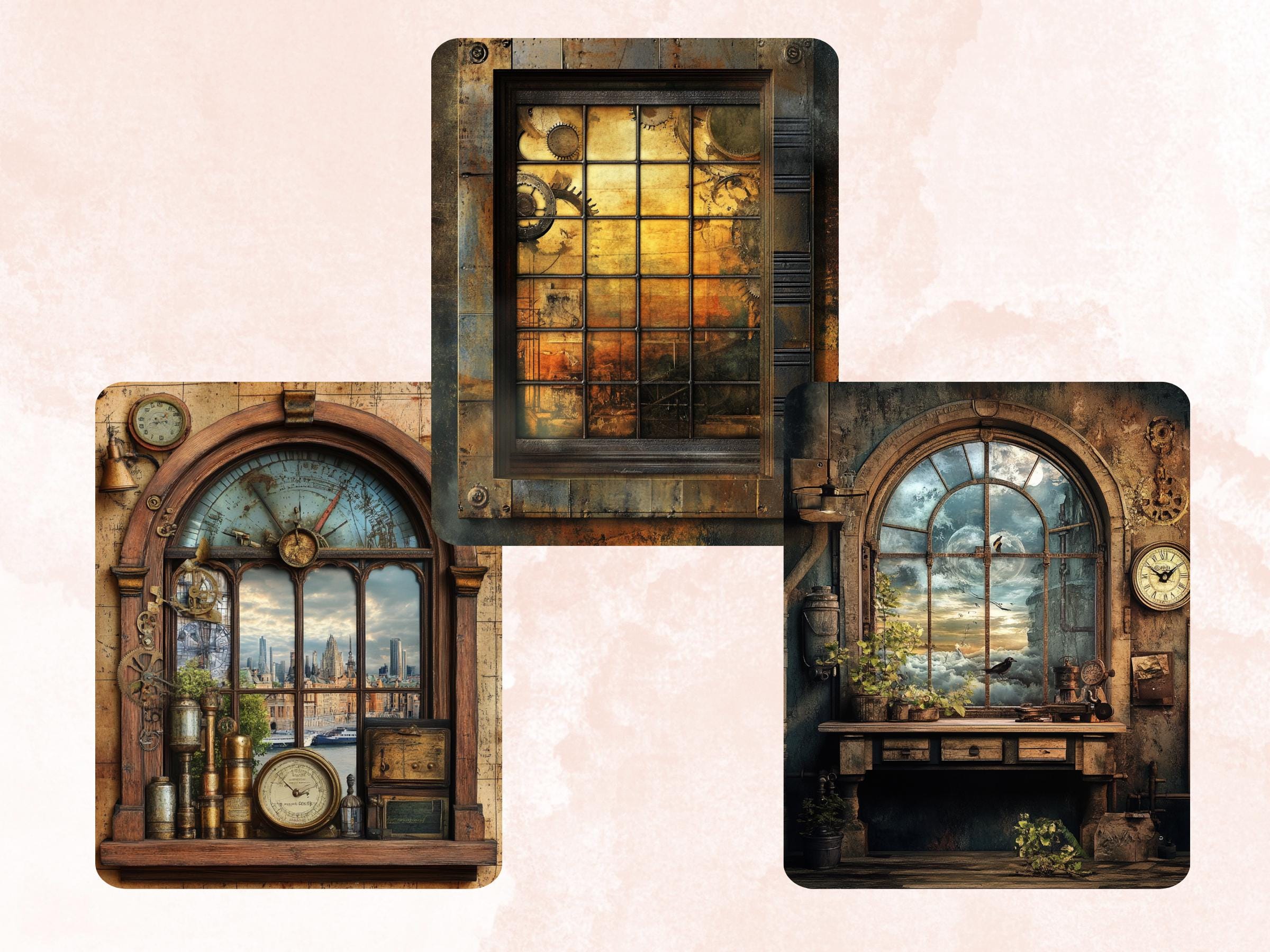 Steampunk Windows Collage Paper, Surreal Steampunk Mixed Media Sheet, Industrial Window Background, Whimsical Ephemera, Journal, Scrapbook