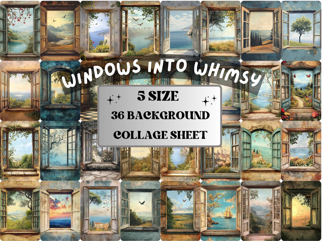 Windows into Whimsy Collage Paper, Surreal Open Window Mixed Media Sheet, Fantasy Window Background, Whimsical Ephemera, Journal, Scrapbook