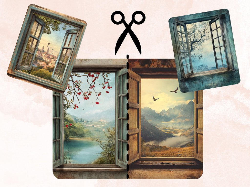 Windows into Whimsy Collage Paper, Surreal Open Window Mixed Media Sheet, Fantasy Window Background, Whimsical Ephemera, Journal, Scrapbook