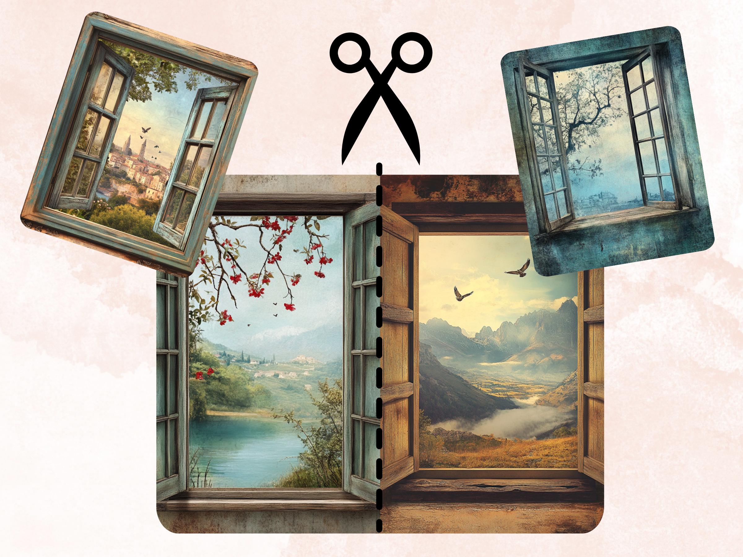 Windows into Whimsy Collage Paper, Surreal Open Window Mixed Media Sheet, Fantasy Window Background, Whimsical Ephemera, Journal, Scrapbook