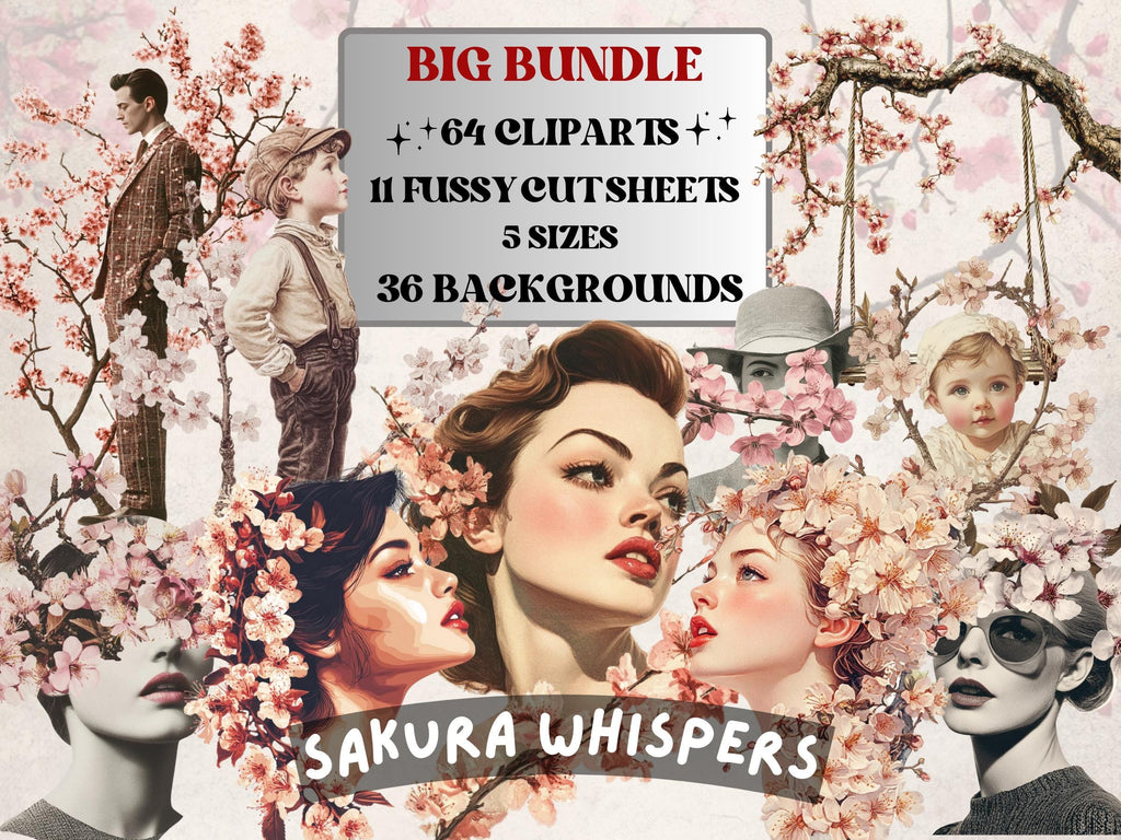 Sakura Whispers Collage Elements, Whimsical Surreal Spring Fussy Cut, Quirky Blooming Clipart, Cherry Blossom Journal, Clipart Background