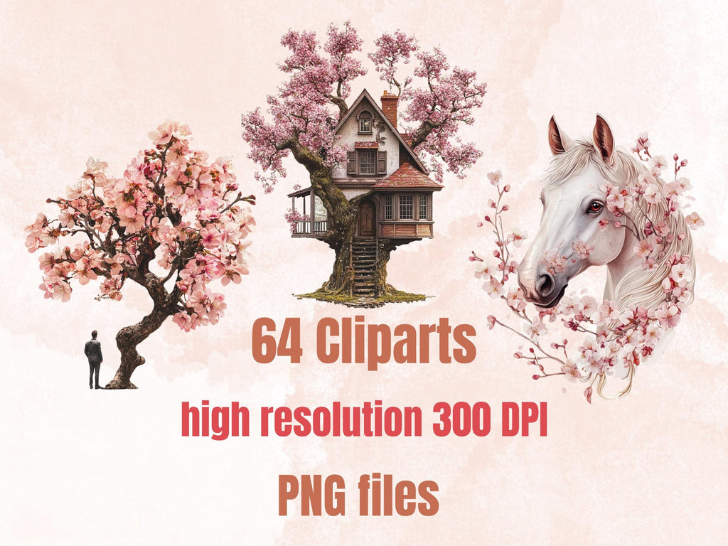 Sakura Whispers Collage Elements, Whimsical Surreal Spring Fussy Cut, Quirky Blooming Clipart, Cherry Blossom Journal, Clipart Background
