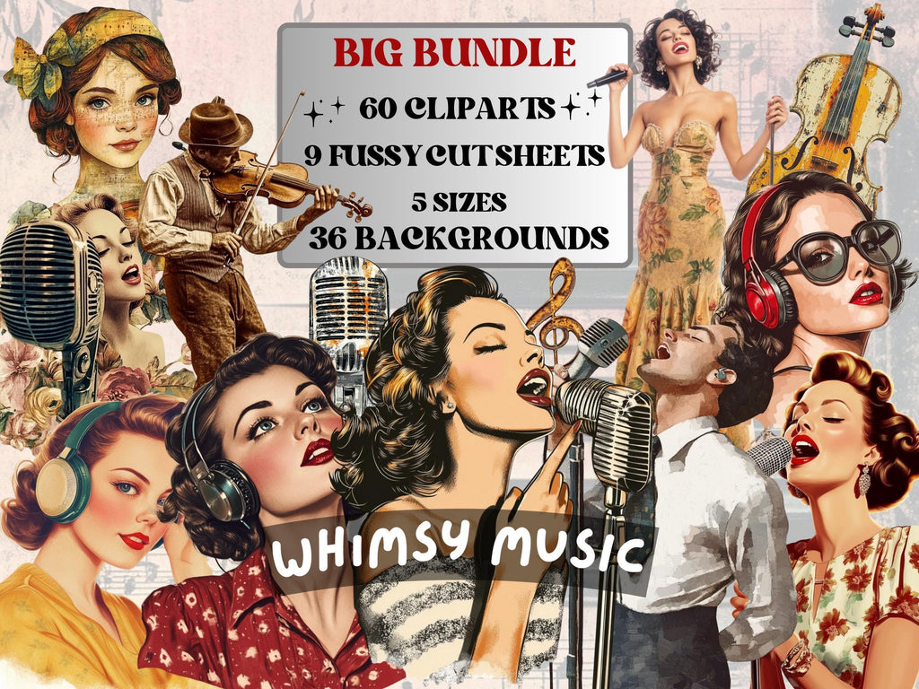 Whimsy Music Collage Pack, Musician's Ephemera Fussy Cut Sheet, Artist Scrapbook, Surreal Background, Digital Art Cut-Outs Collection