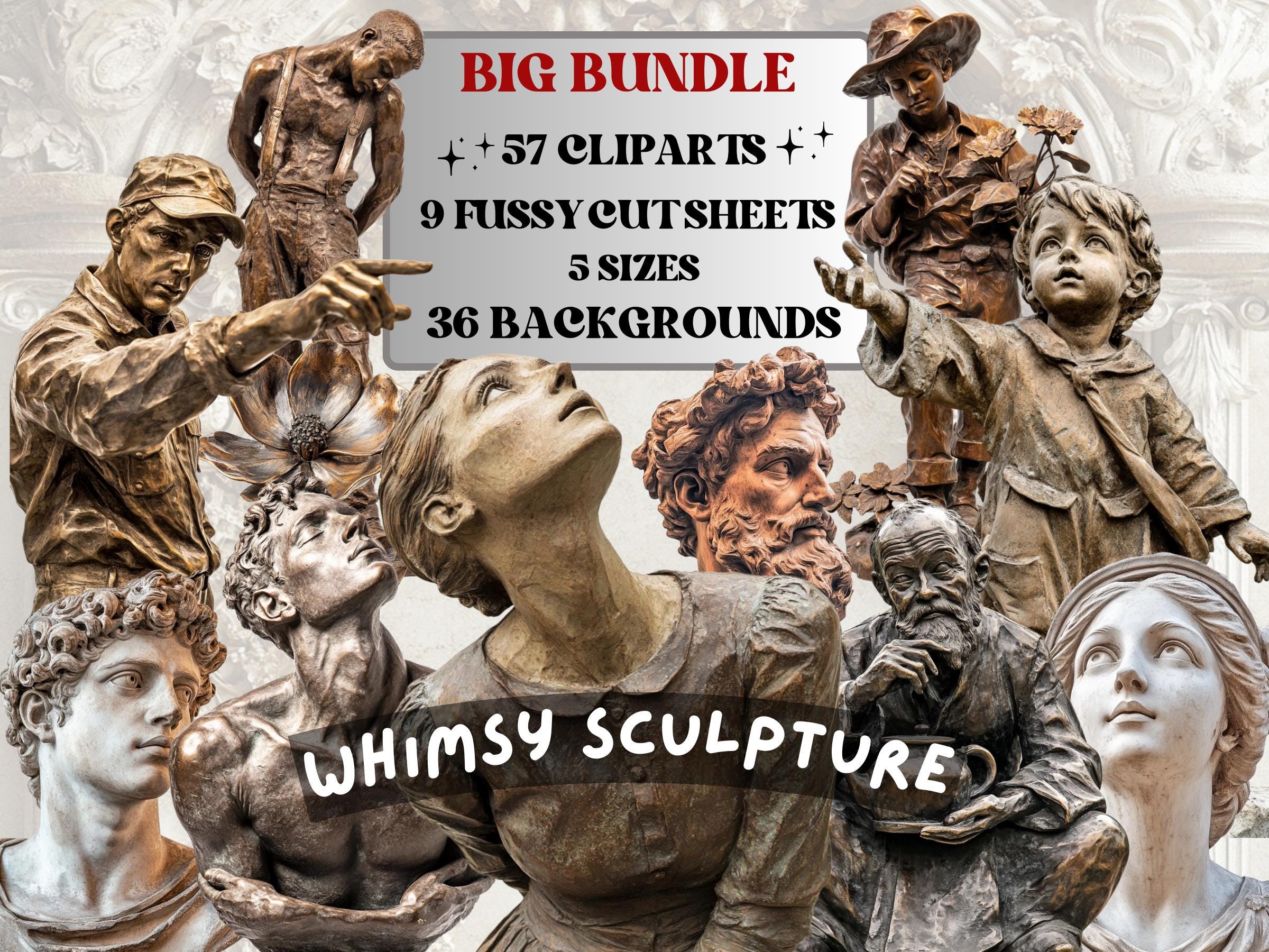 Whimsy Sculpture Collage Pack, Sculpting Ephemera Fussy Cut Sheet, Artist Scrapbook, Surreal Background, Digital Art Cut-Outs Collection