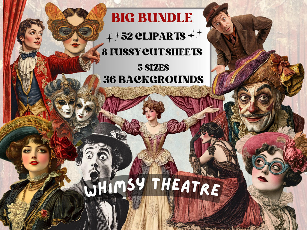 Whimsy Theatre Collage Pack, Theater Ephemera Fussy Cut Sheet, Artist Scrapbook, Surreal Background, Digital Art Cut-Outs Collection