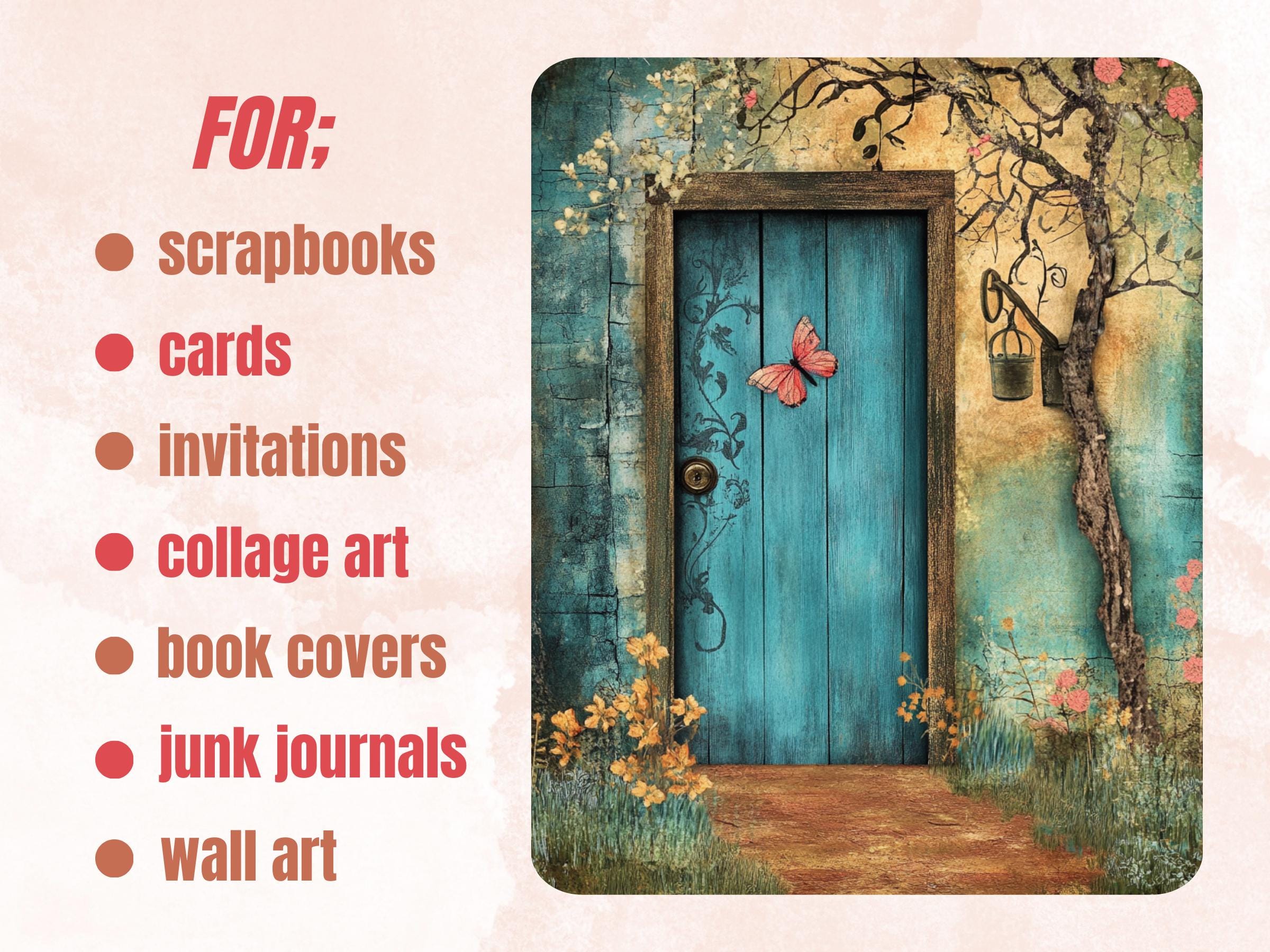 Spring Door Collage Paper, Surreal Spring Mixed Media Sheet, Floral Door Background, Whimsical Ephemera Images, Quirky Journal, Scrapbook
