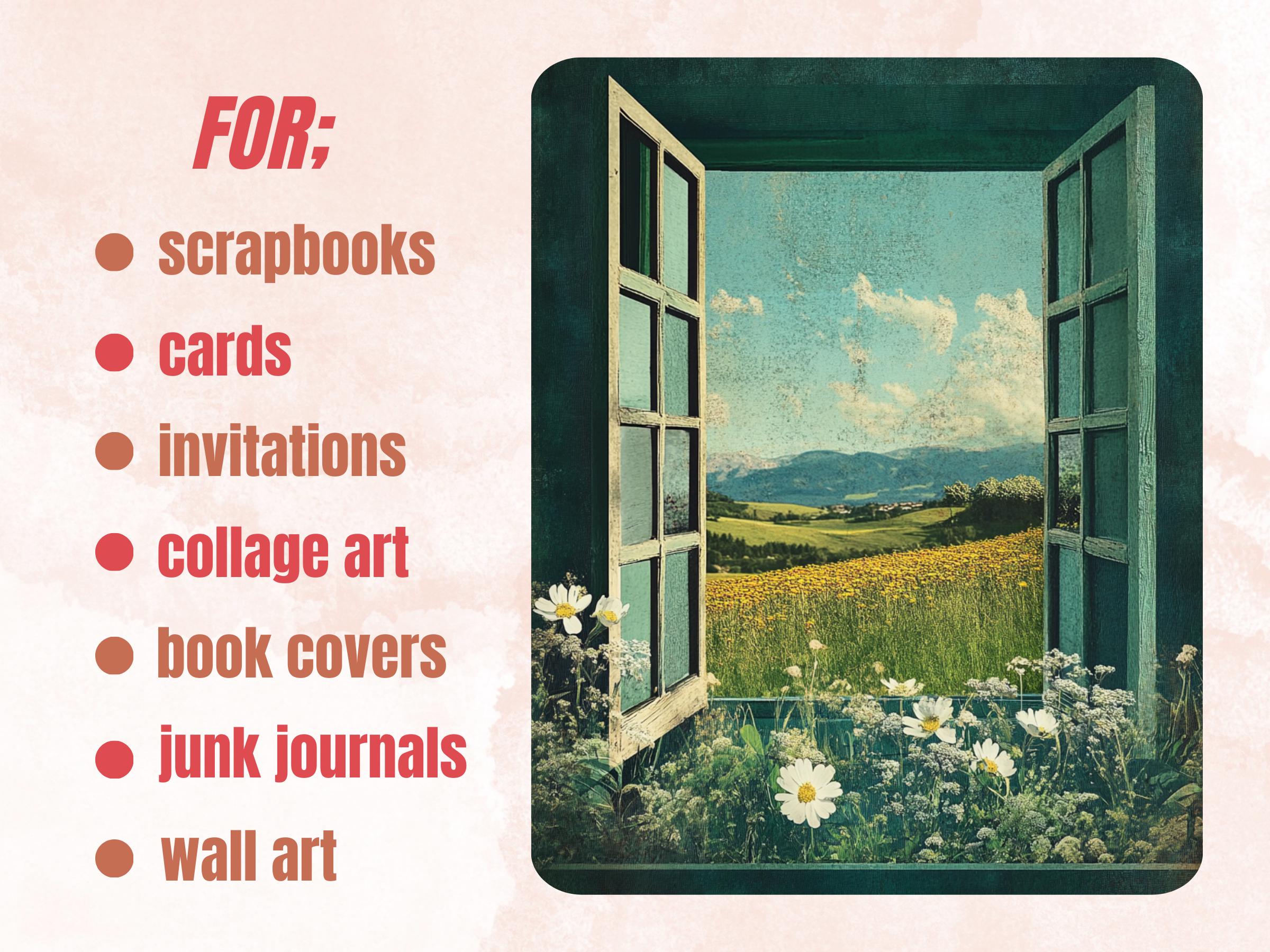 Spring Window Collage Paper, Surreal Spring Mixed Media Art, Floral Window Background, Whimsical Ephemera Images, Quirky Journal, Scrapbook
