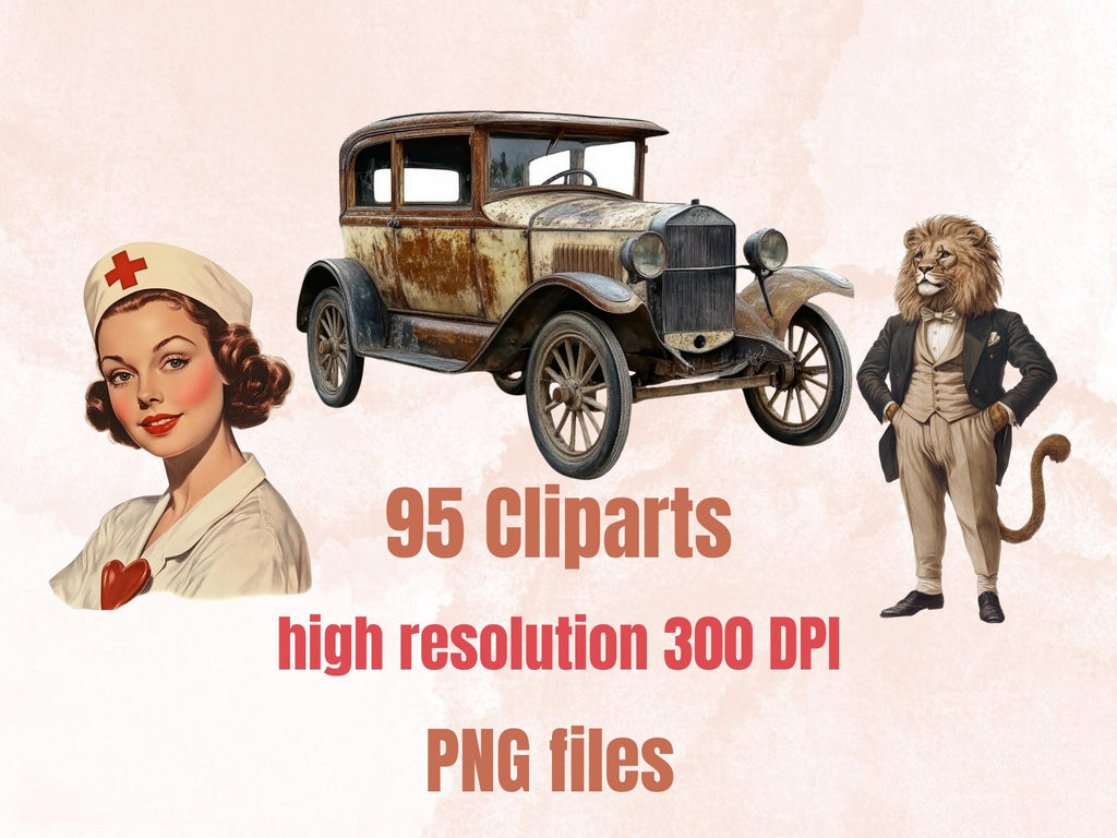 Vintage Nostalgia Collage Elements, Whimsical Surreal 1920's-1930's Fussy Cut, Quirky Weird Clipart, Retro Journal, Clipart Background Set