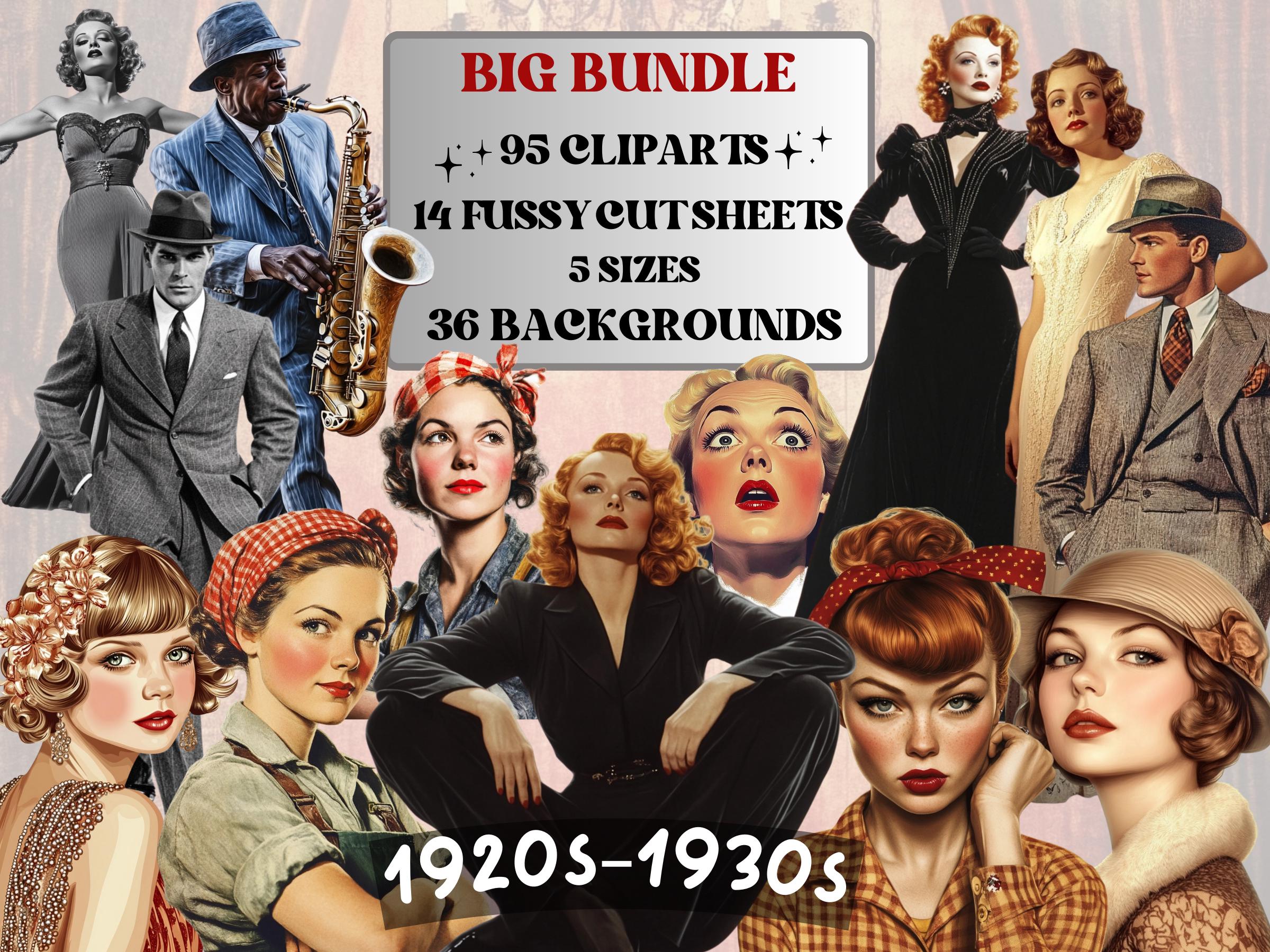 Vintage Nostalgia Collage Elements, Whimsical Surreal 1920's-1930's Fussy Cut, Quirky Weird Clipart, Retro Journal, Clipart Background Set