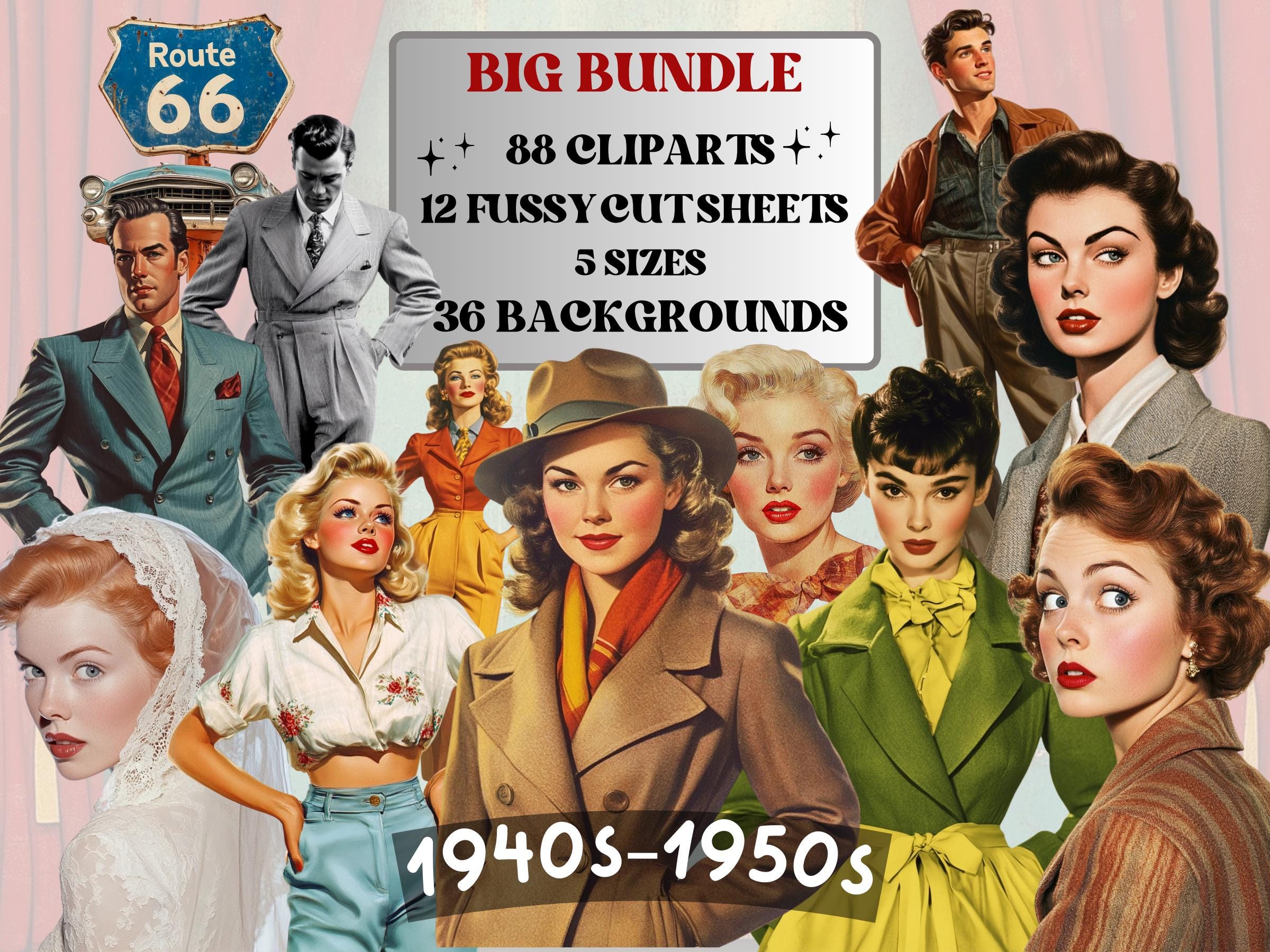 Vintage Nostalgia Collage Elements, Whimsical Surreal 1940's-1950's Fussy Cut, Quirky Weird Clipart, Retro Journal, Clipart Background Set