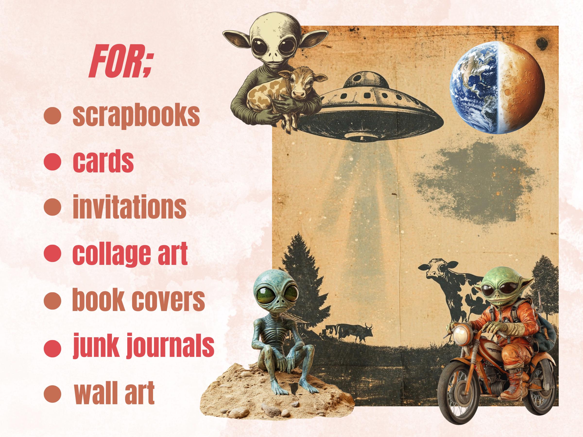 Vintage UFO Aliens Collage Set, Whimsical Surreal Celestial Cut Outs, Quirky Space Clipart, Fantasy Journal Pages, Collage Paper Ephemera
