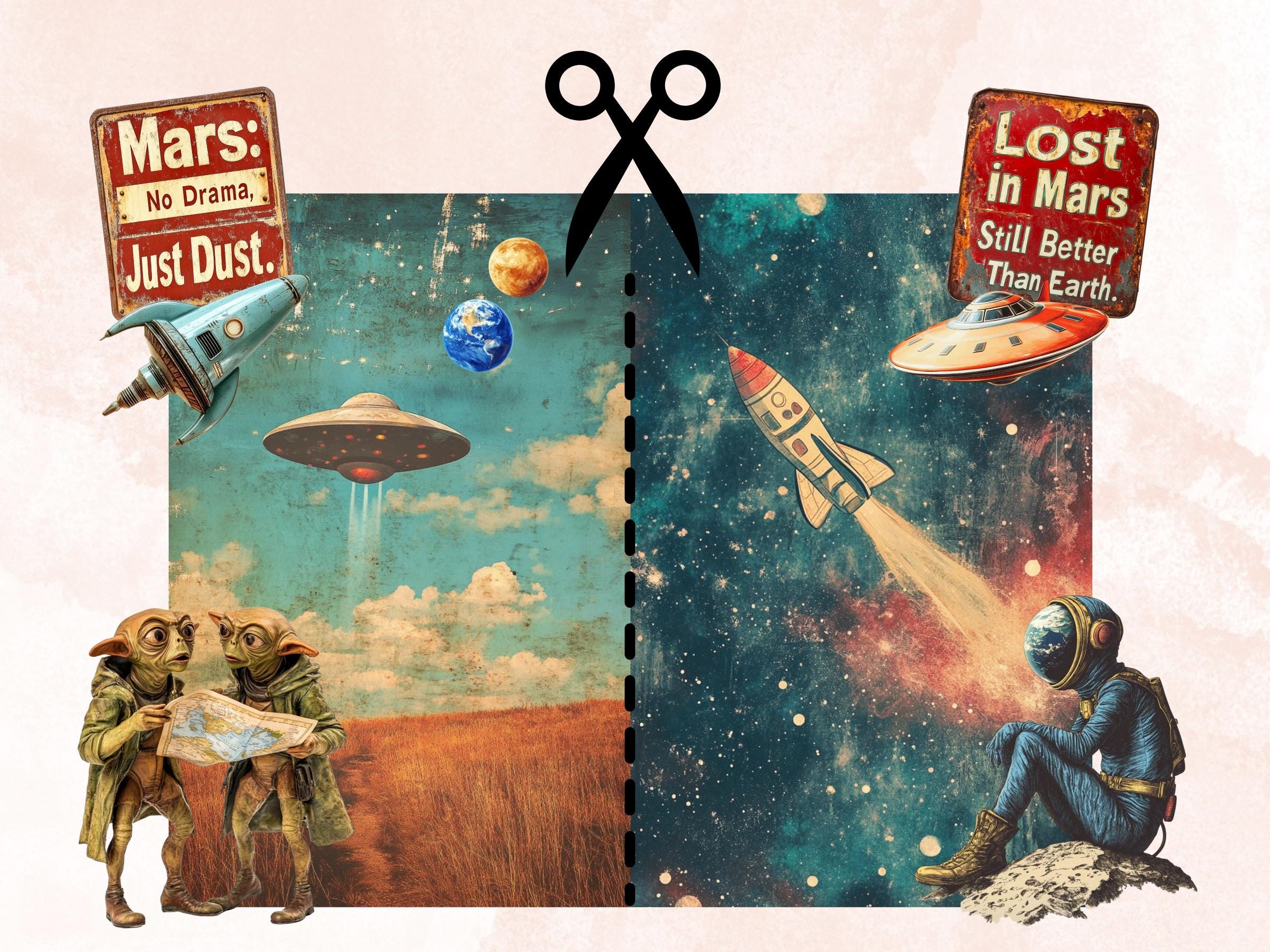 Vintage UFO Aliens Collage Set, Whimsical Surreal Celestial Cut Outs, Quirky Space Clipart, Fantasy Journal Pages, Collage Paper Ephemera