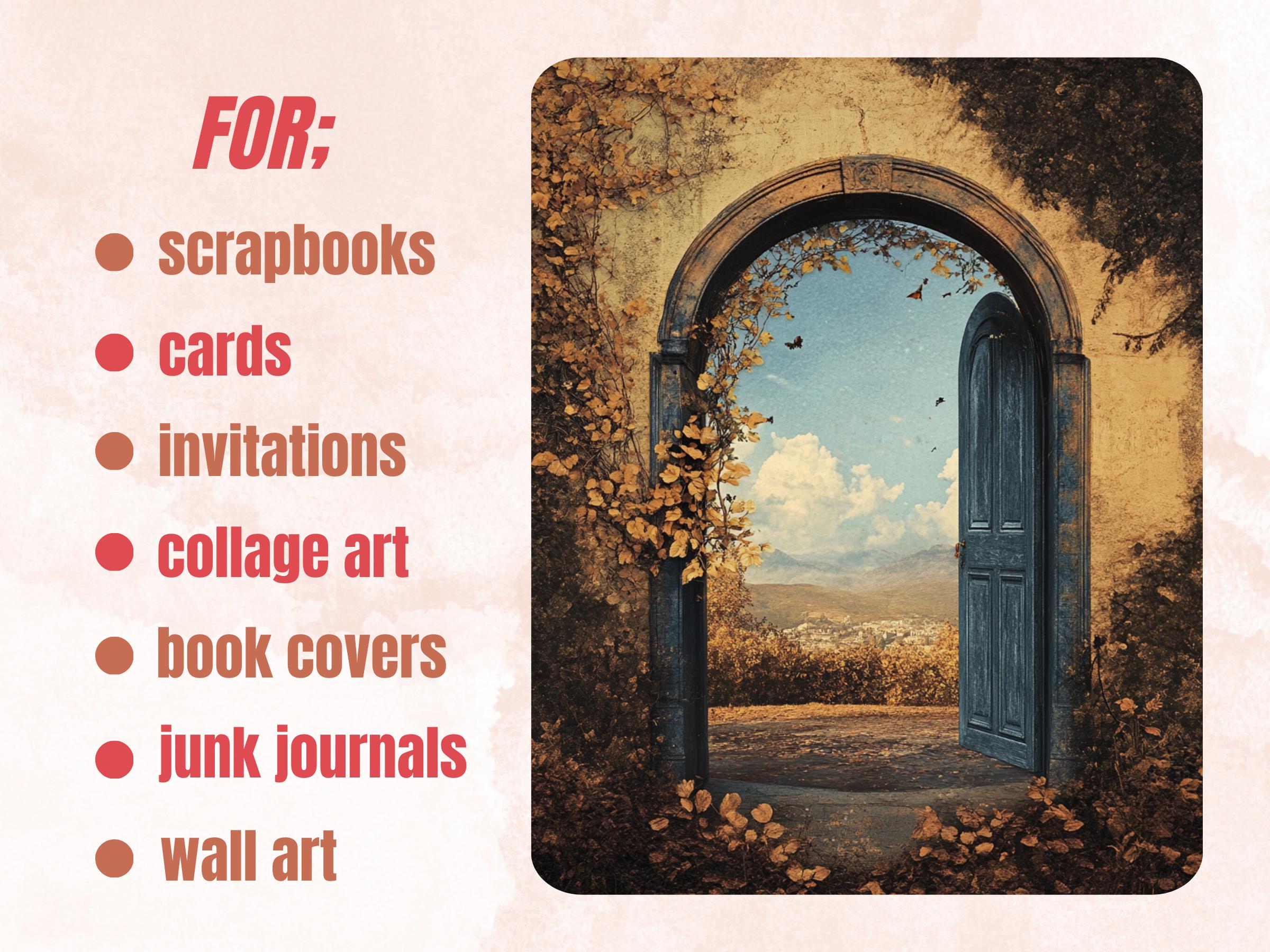 Fantasy Open Door Collage Paper, Surreal Mixed Media Sheet, Magical Door Background, Whimsical Ephemera Images, Quirky Journal, Scrapbook