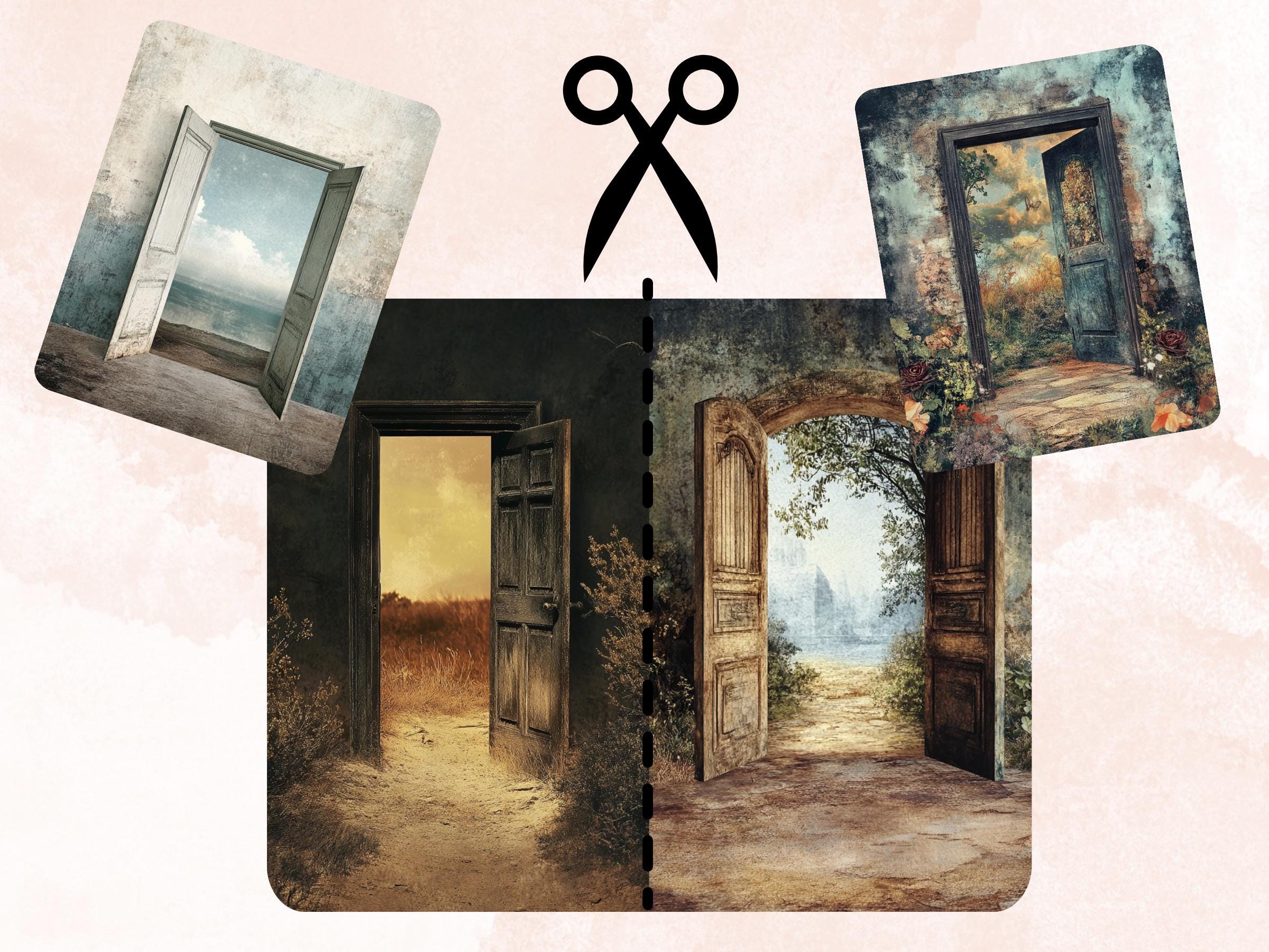 Fantasy Open Door Collage Paper, Surreal Mixed Media Sheet, Magical Door Background, Whimsical Ephemera Images, Quirky Journal, Scrapbook