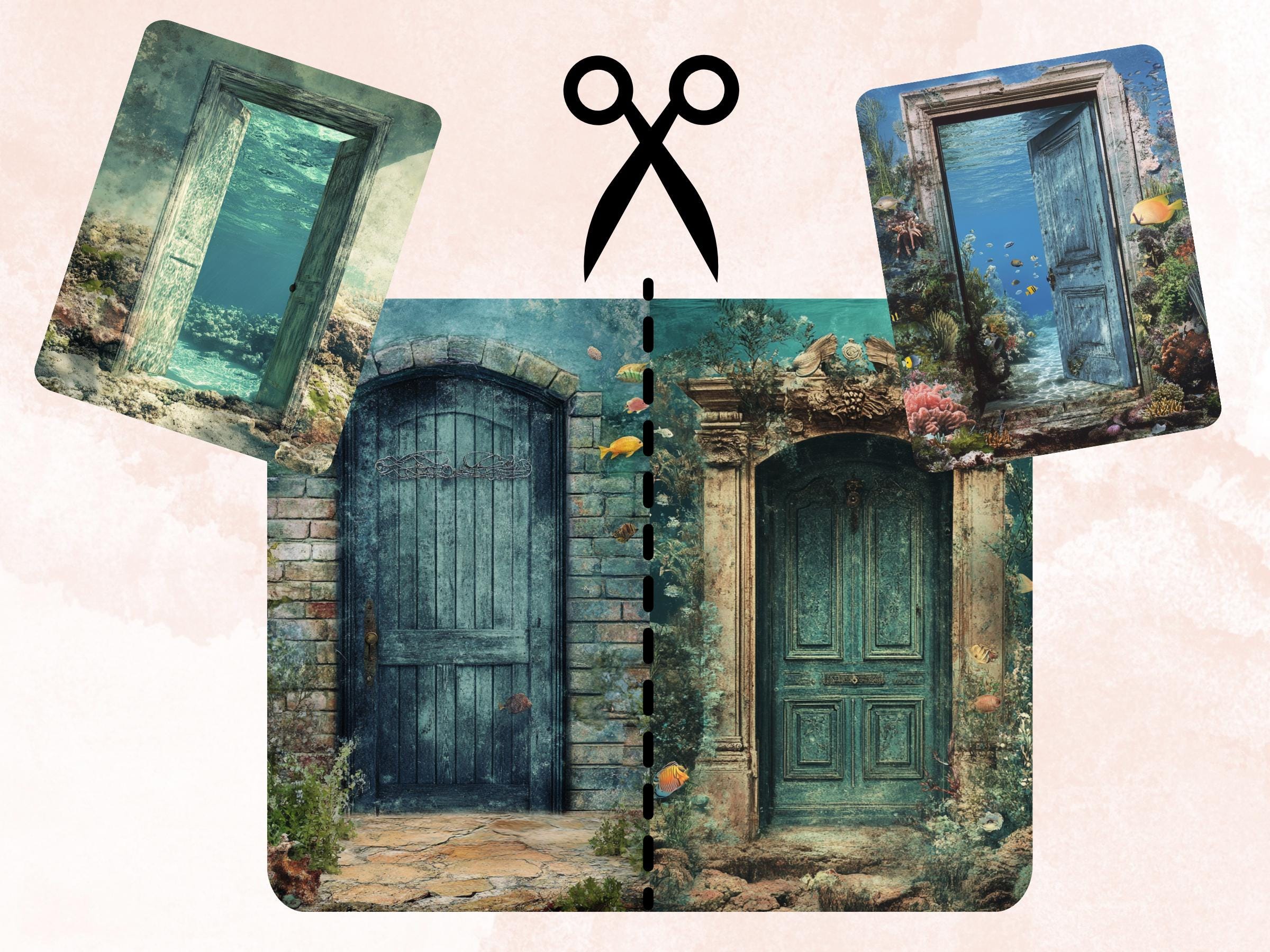 Underwater Door Collage Paper, Under the Sea Mixed Media Sheet, Whimsy Door Background, Whimsical Ephemera Images, Quirky Journal, Scrapbook