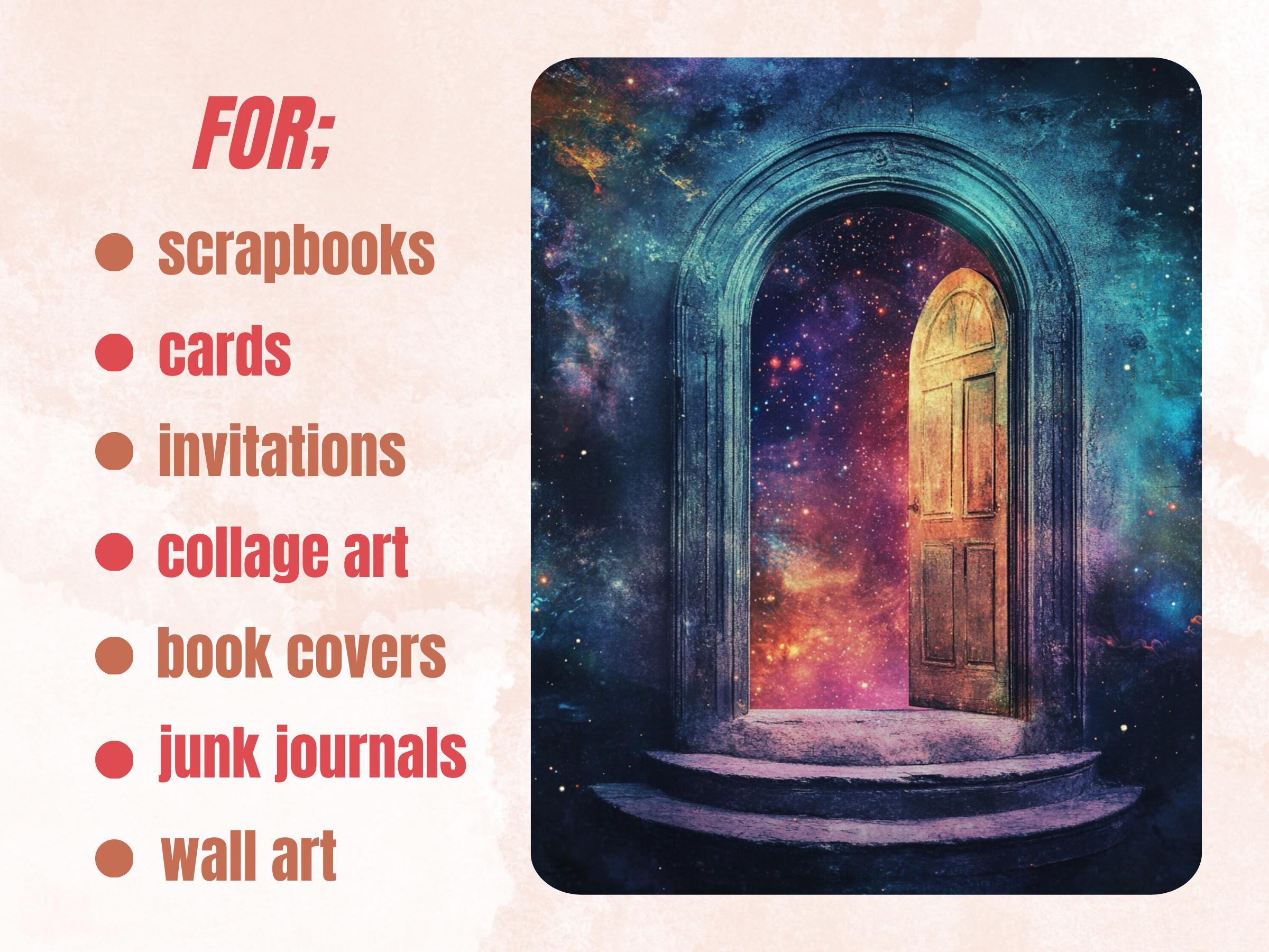 Galaxy Door Collage Paper, Surreal Mixed Media Sheet, Celestial Door Background, Whimsical Ephemera Images, Quirky Journal, Scrapbook