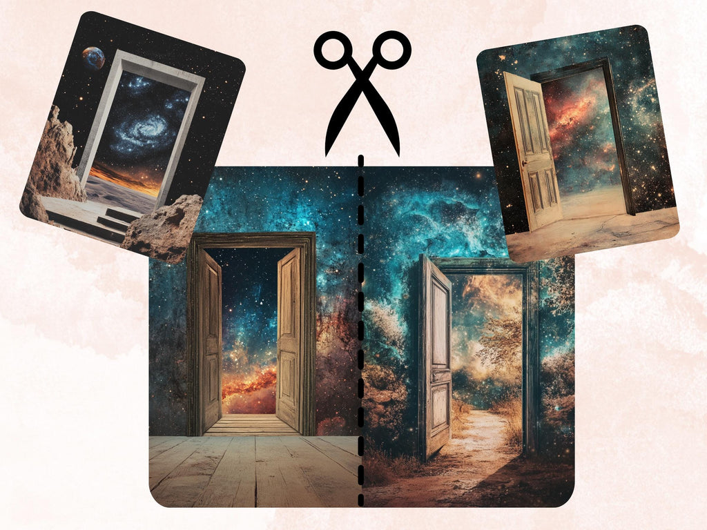 Galaxy Door Collage Paper, Surreal Mixed Media Sheet, Celestial Door Background, Whimsical Ephemera Images, Quirky Journal, Scrapbook