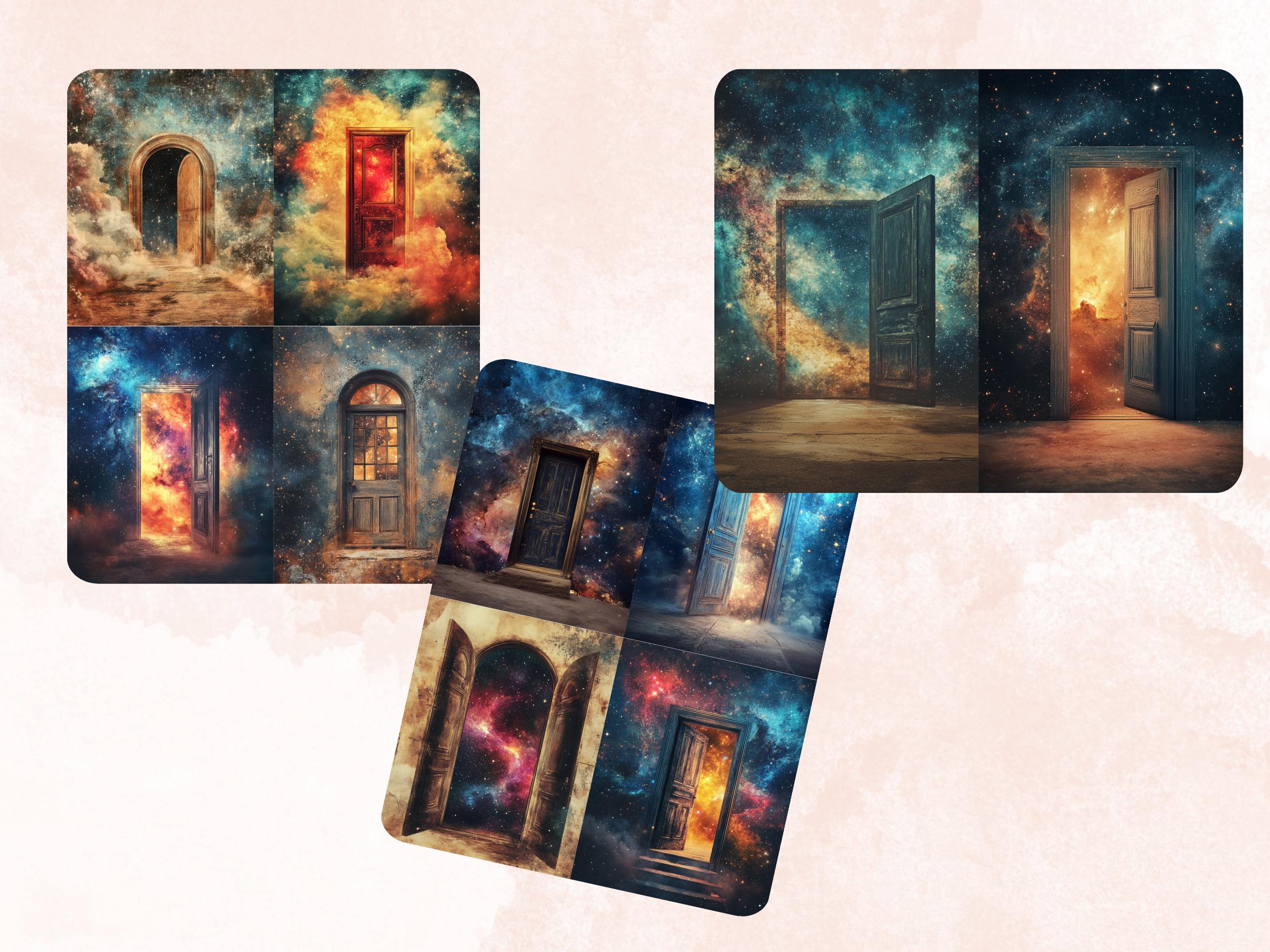Galaxy Door Collage Paper, Surreal Mixed Media Sheet, Celestial Door Background, Whimsical Ephemera Images, Quirky Journal, Scrapbook