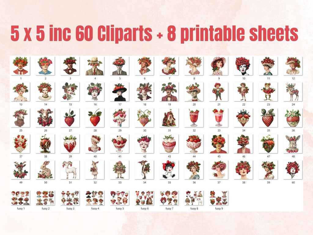 A Jar Of Strawberries Collage Elements, Whimsical Strawberry Fussy Cut, Whimsy Floral Clipart, Summer Junk Journal, Clipart Background