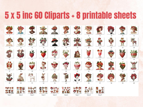 A Jar Of Strawberries Collage Elements, Whimsical Strawberry Fussy Cut, Whimsy Floral Clipart, Summer Junk Journal, Clipart Background