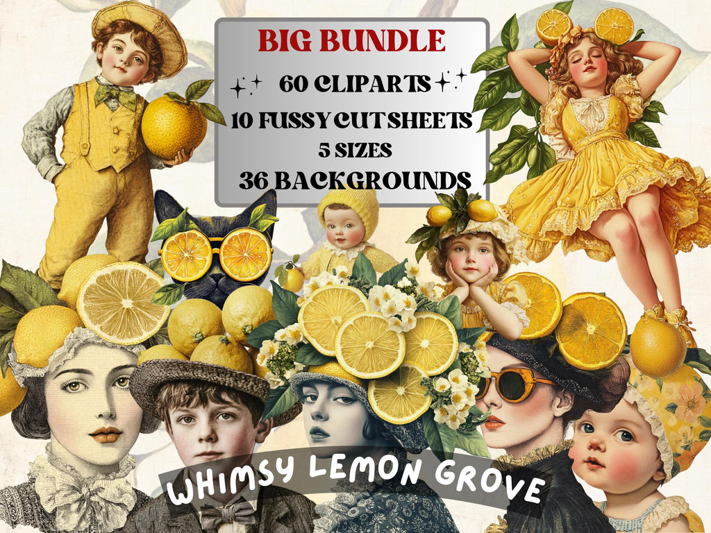 Whimsy Lemon Grove Collage Elements, Whimsical Lemon Fussy Cut, Surreal Floral Clipart, Summer Junk Journal, Yellow Clipart Background