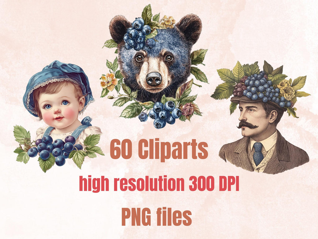 Blueberry Forest Collage Elements, Whimsical Blueberry Fussy Cut, Whimsy Floral Clipart, Summer Junk Journal, Fruit Clipart Background