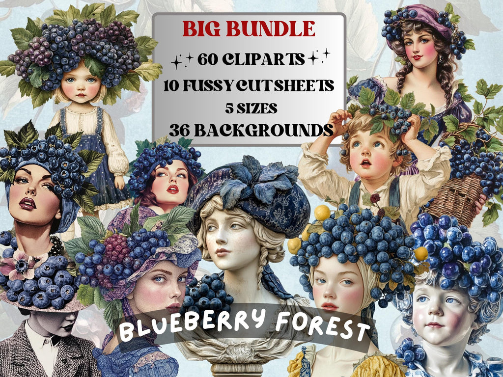 Blueberry Forest Collage Elements, Whimsical Blueberry Fussy Cut, Whimsy Floral Clipart, Summer Junk Journal, Fruit Clipart Background