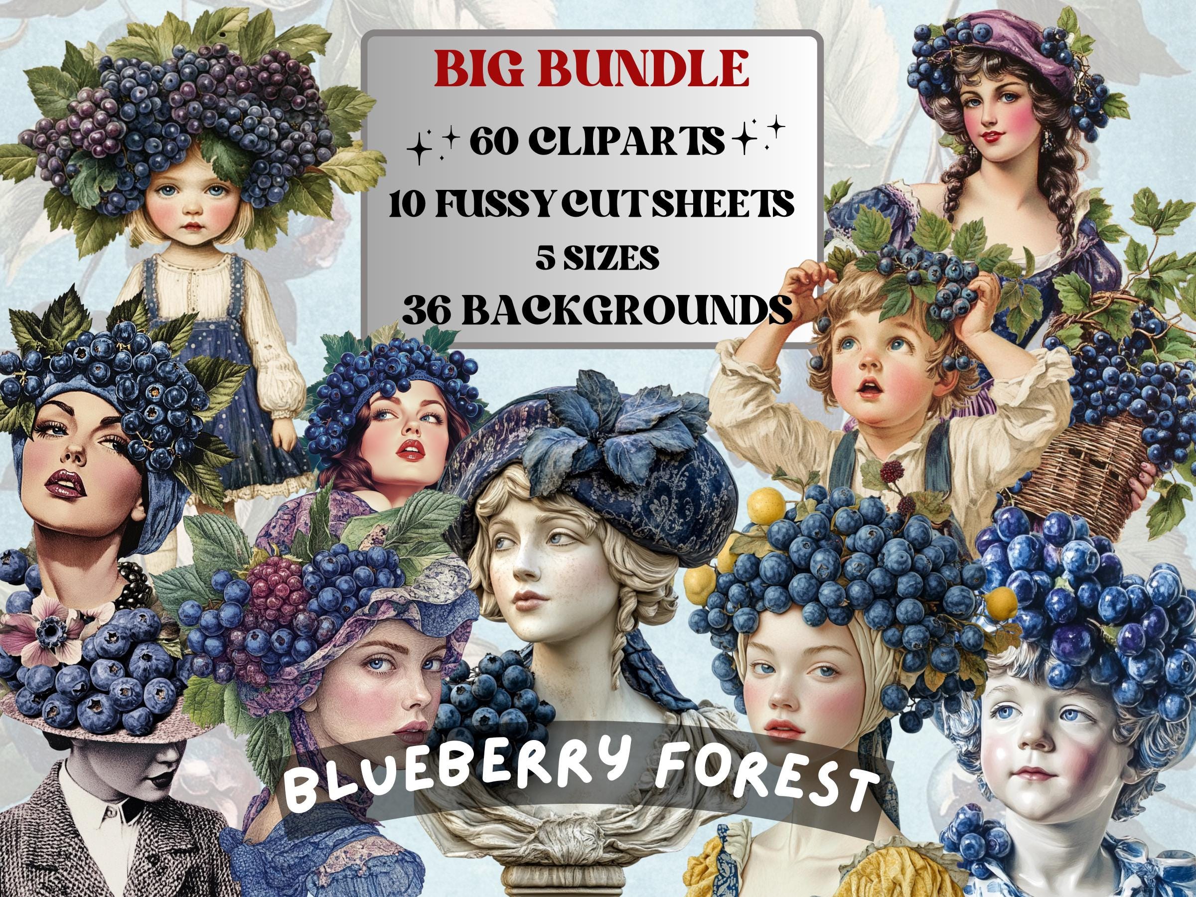 Blueberry Forest Collage Elements, Whimsical Blueberry Fussy Cut, Whimsy Floral Clipart, Summer Junk Journal, Fruit Clipart Background