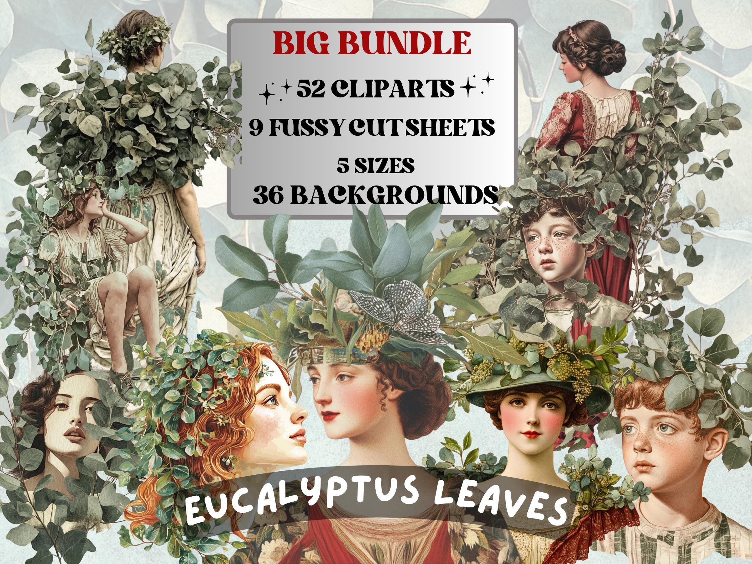 Eucalyptus Leaves Collage Elements, Whimsical Sage Green Fussy Cut, Whimsy Foliage Clipart, Summer Junk Journal, Leaf Clipart Background