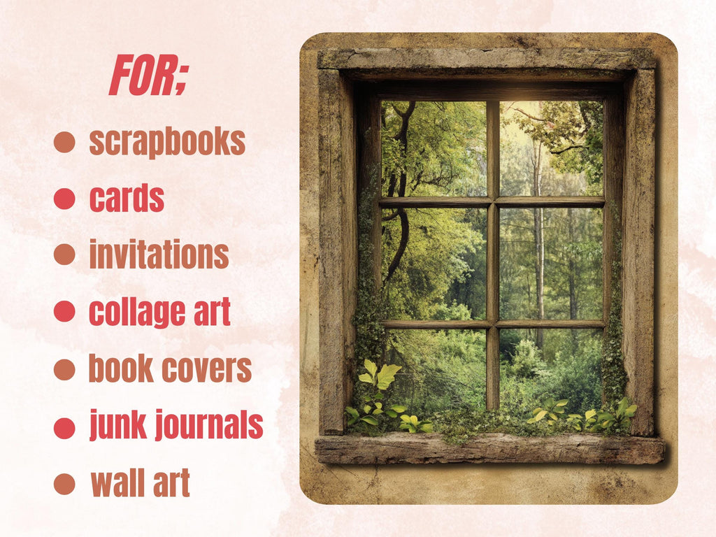 Forest Windows Collage Paper, Surreal Forest Mixed Media Art, Floral Window Background, Whimsical Ephemera Images, Quirky Journal, Scrapbook