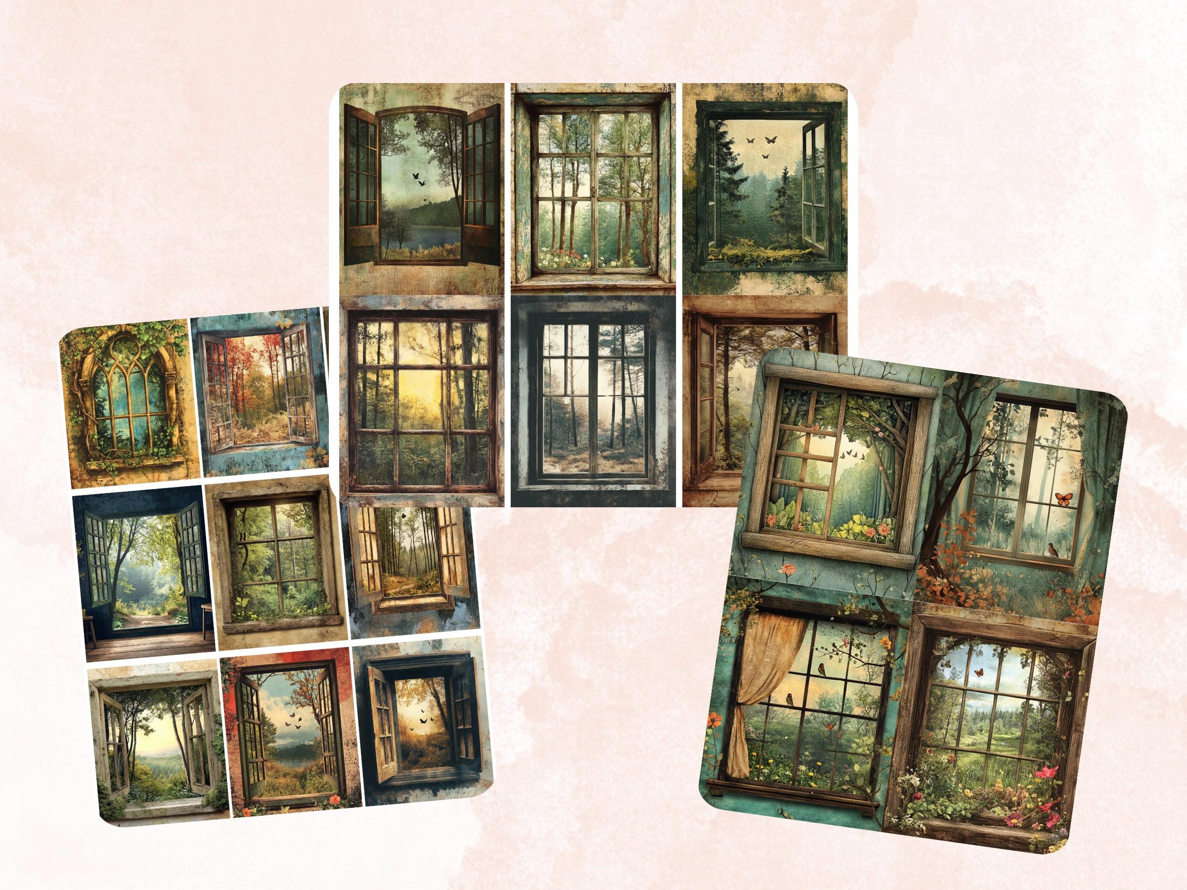 Forest Windows Collage Paper, Surreal Forest Mixed Media Art, Floral Window Background, Whimsical Ephemera Images, Quirky Journal, Scrapbook