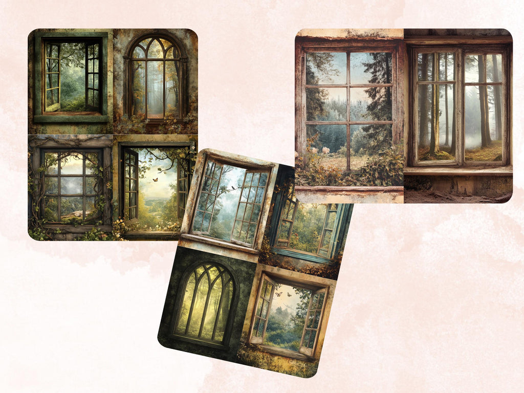 Forest Windows Collage Paper, Surreal Forest Mixed Media Art, Floral Window Background, Whimsical Ephemera Images, Quirky Journal, Scrapbook