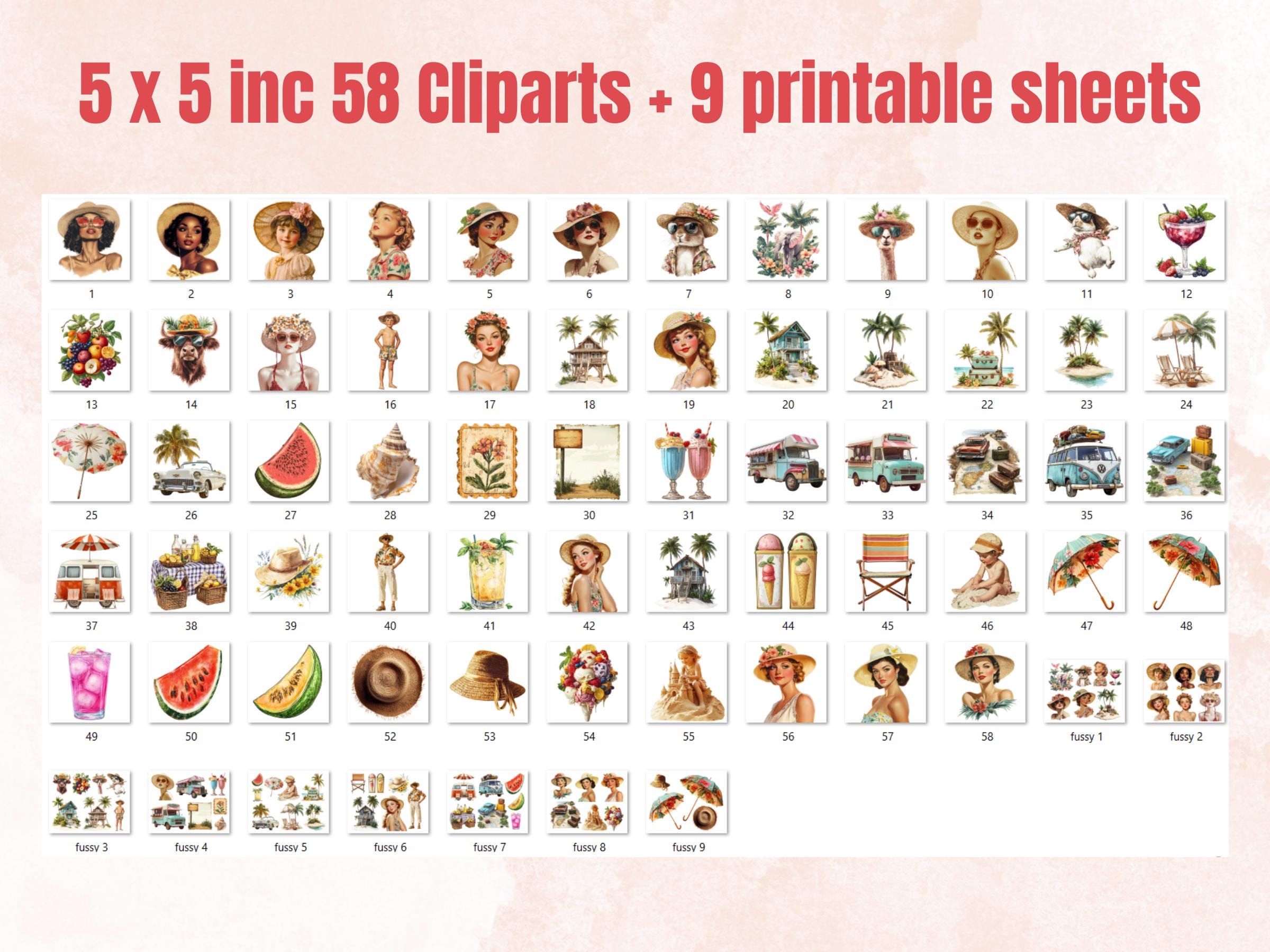 Whimsy Summer Collage Elements, Whimsical Beach Woman Fussy Cut, Quirky Vacation Clipart, Summer Junk Journal, Surreal Clipart Background
