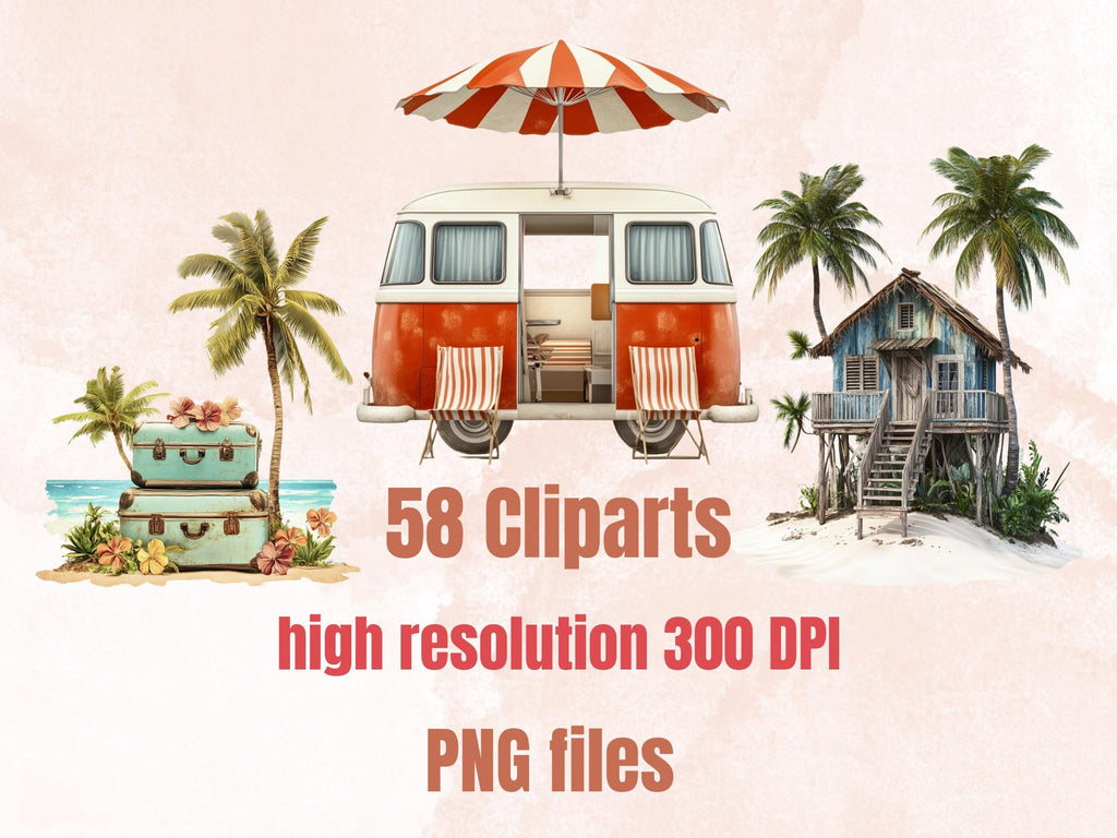 Whimsy Summer Collage Elements, Whimsical Beach Woman Fussy Cut, Quirky Vacation Clipart, Summer Junk Journal, Surreal Clipart Background