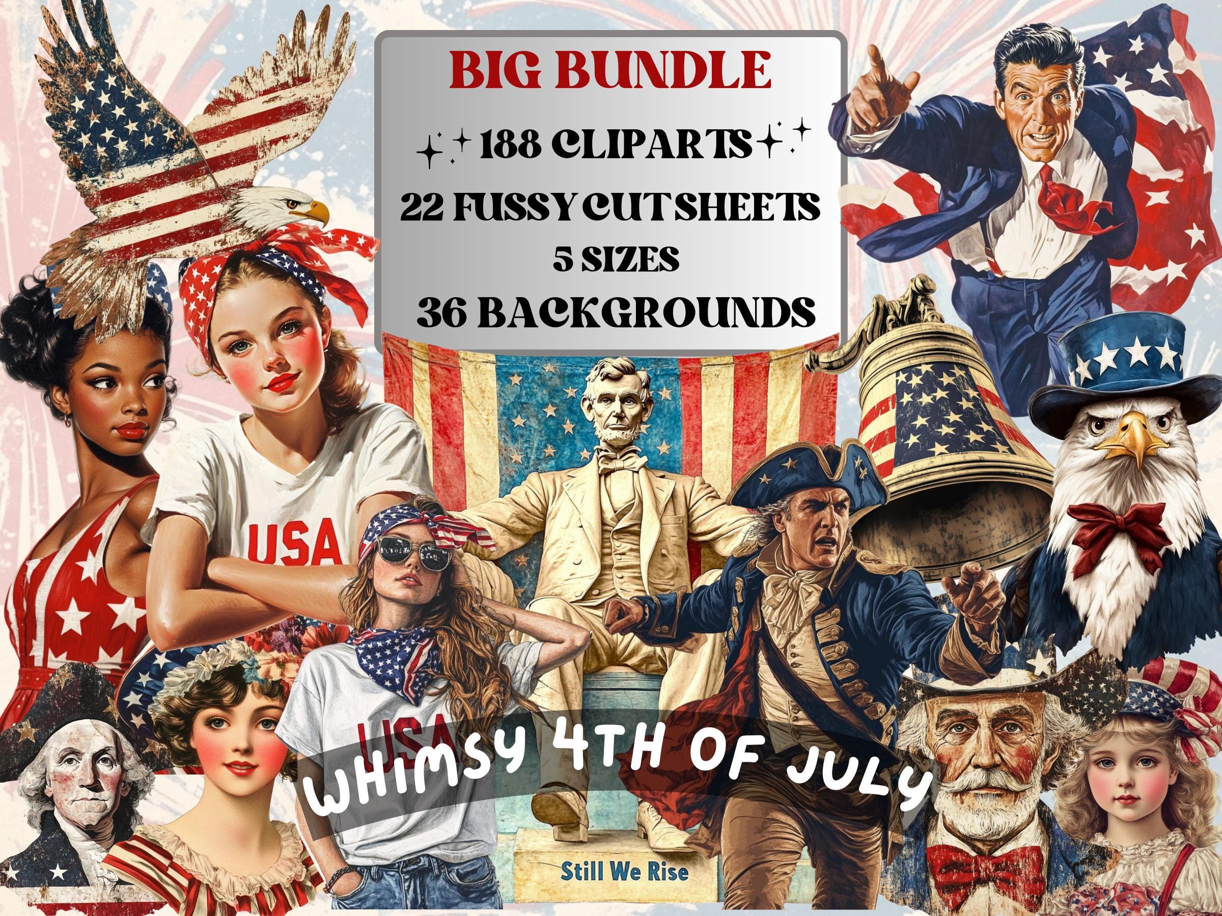 Whimsy 4th of July Collage Set, Independence Day USA Fussy Cut, Vintage 4th of July Clipart, Patriotic Junk Journal, America Flag Background