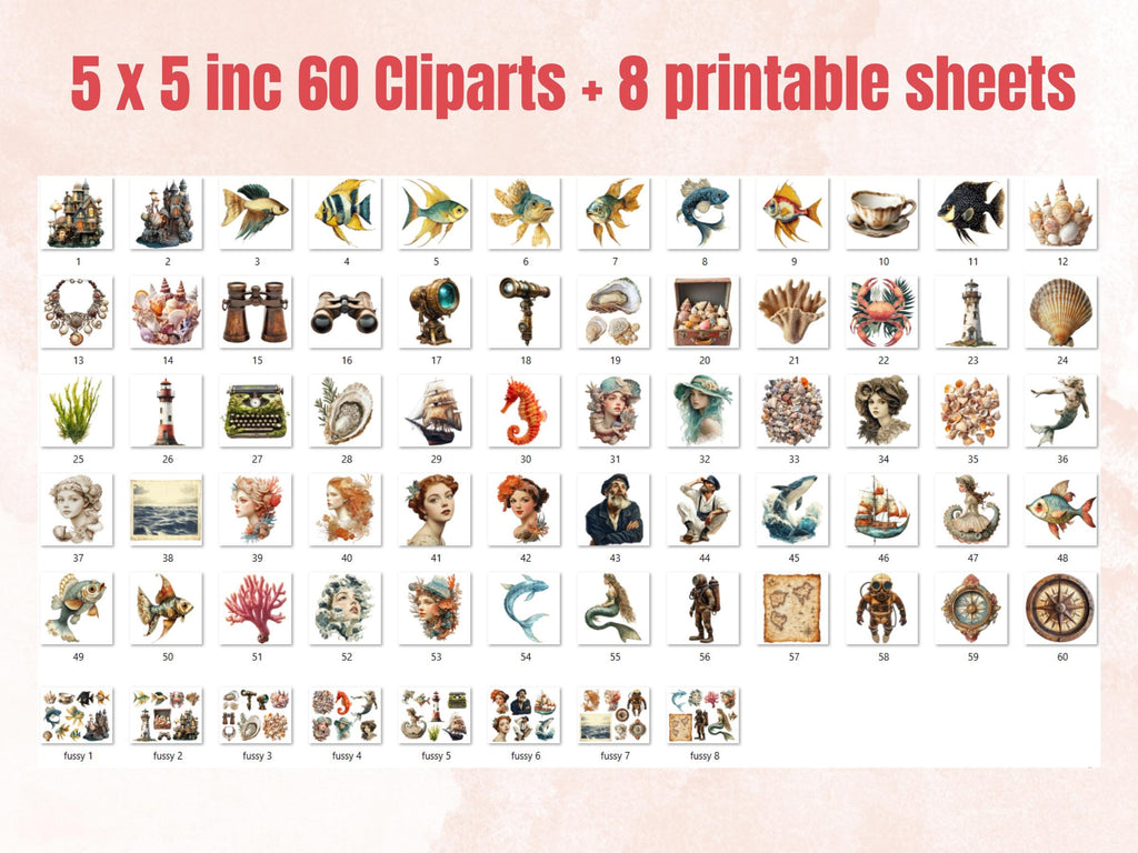 Whimsy Ocean Life Collage Elements, Whimsical Underwater Fussy Cut, Quirky Under the Sea Clipart, Summer Junk Journal, Surreal Background