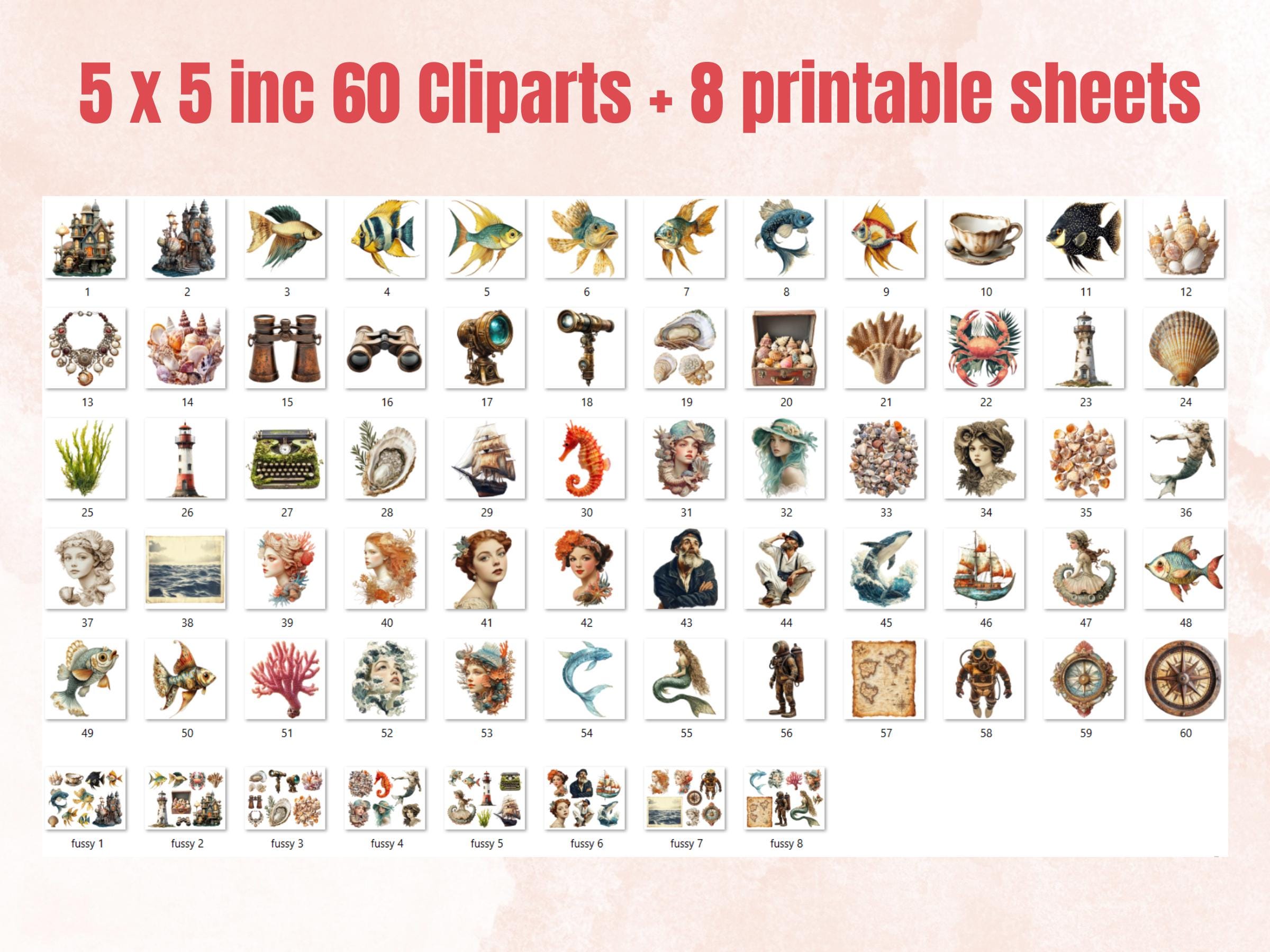 Whimsy Ocean Life Collage Elements, Whimsical Underwater Fussy Cut, Quirky Under the Sea Clipart, Summer Junk Journal, Surreal Background