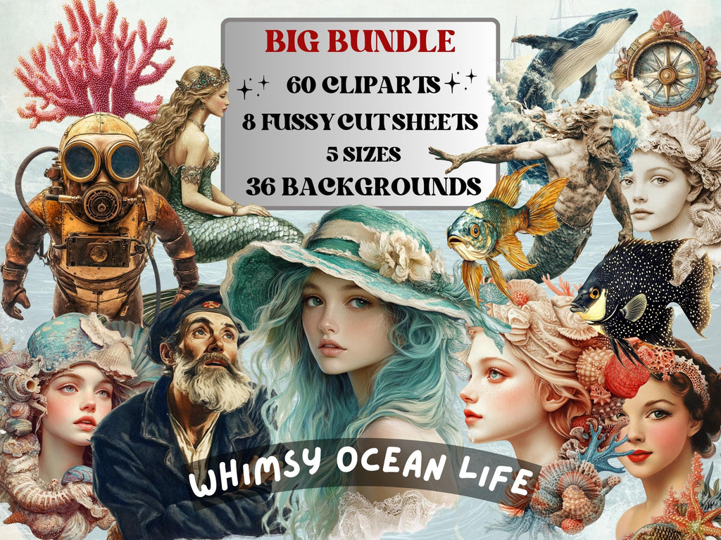 Whimsy Ocean Life Collage Elements, Whimsical Underwater Fussy Cut, Quirky Under the Sea Clipart, Summer Junk Journal, Surreal Background