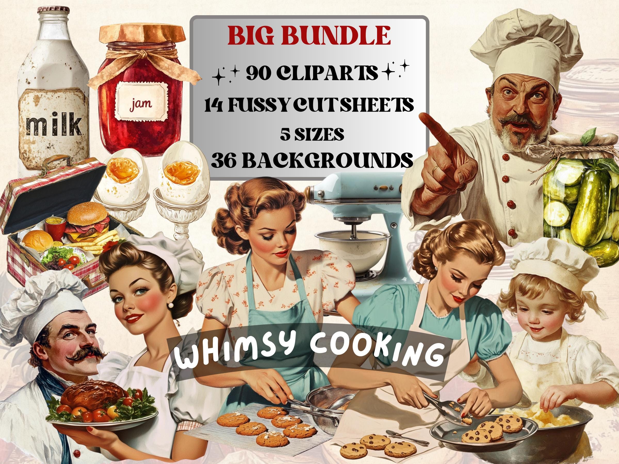 Whimsy Cooking Collage Ephemera, Whimsical Surreal Kitchen Fussy Cut, Quirky Vintage Cookbook Clipart, Food Junk Journal, Clipart Background