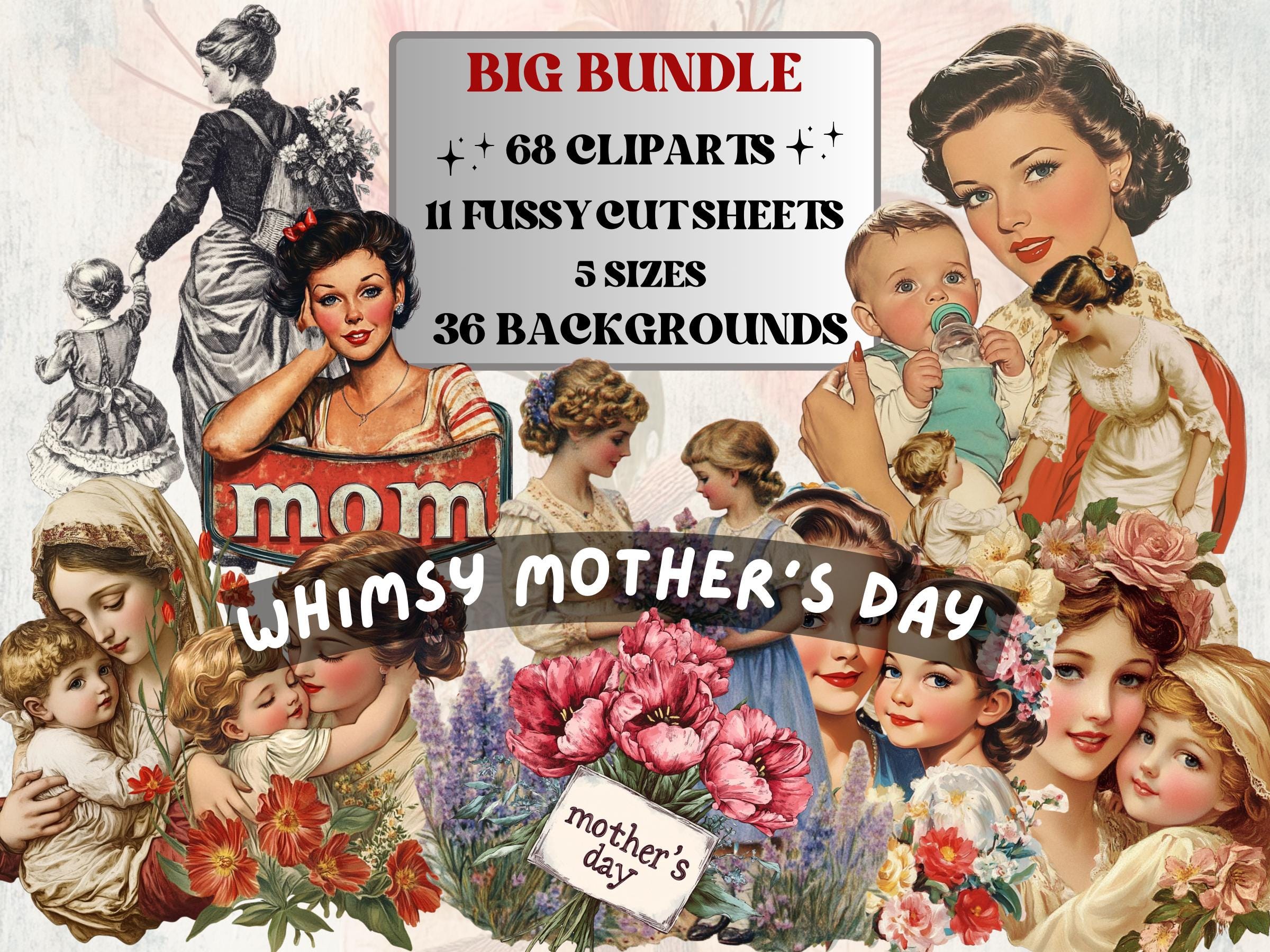 Whimsy Mother's Day Collage Ephemera, Whimsical Mother Fussy Cut, Quirky Vintage Mother's Day Clipart, Mom Junk Journal, Clipart Background