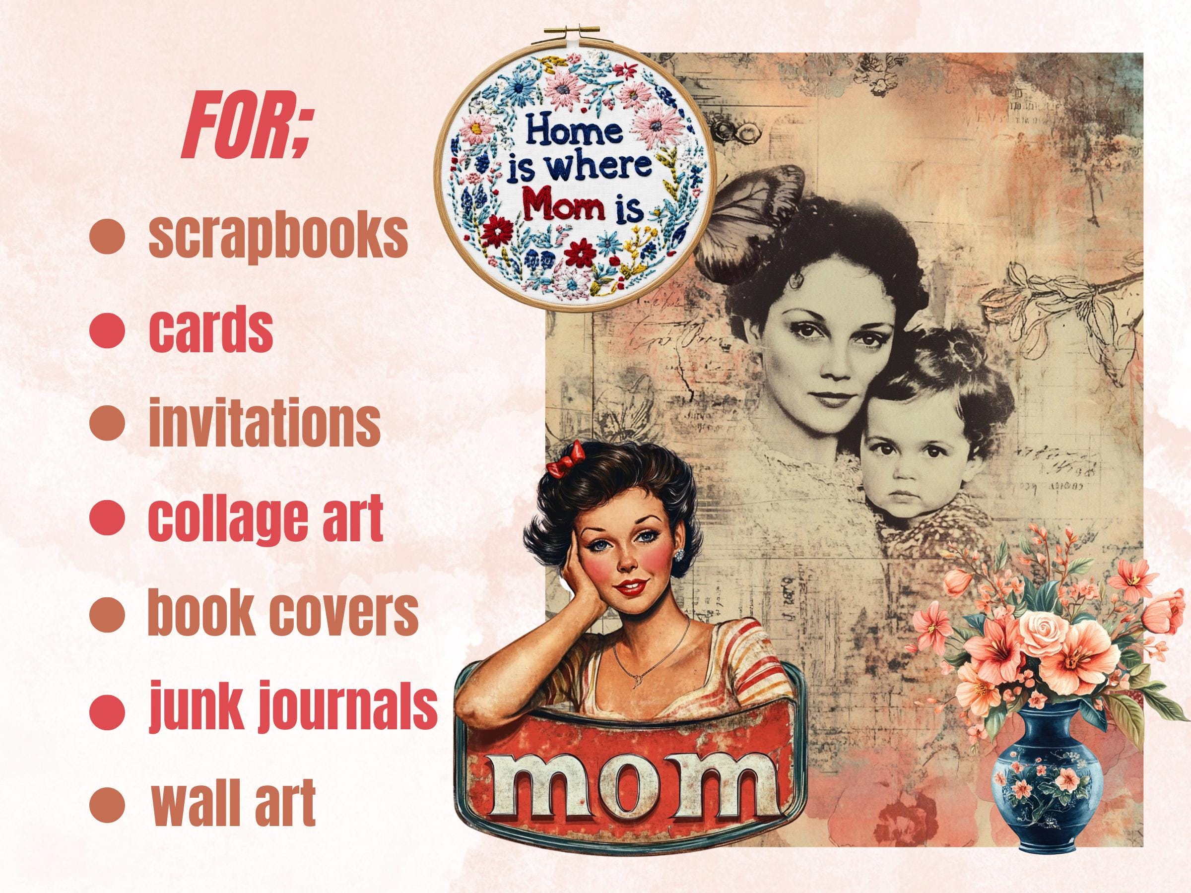 Whimsy Mother's Day Collage Ephemera, Whimsical Mother Fussy Cut, Quirky Vintage Mother's Day Clipart, Mom Junk Journal, Clipart Background