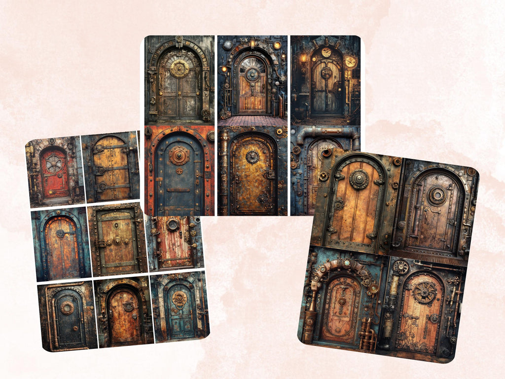 Steampunk Door Collage Paper, Surreal Steampunk Mixed Media Sheet, Industrial Door Background, Whimsical Ephemera Images, Journal, Scrapbook