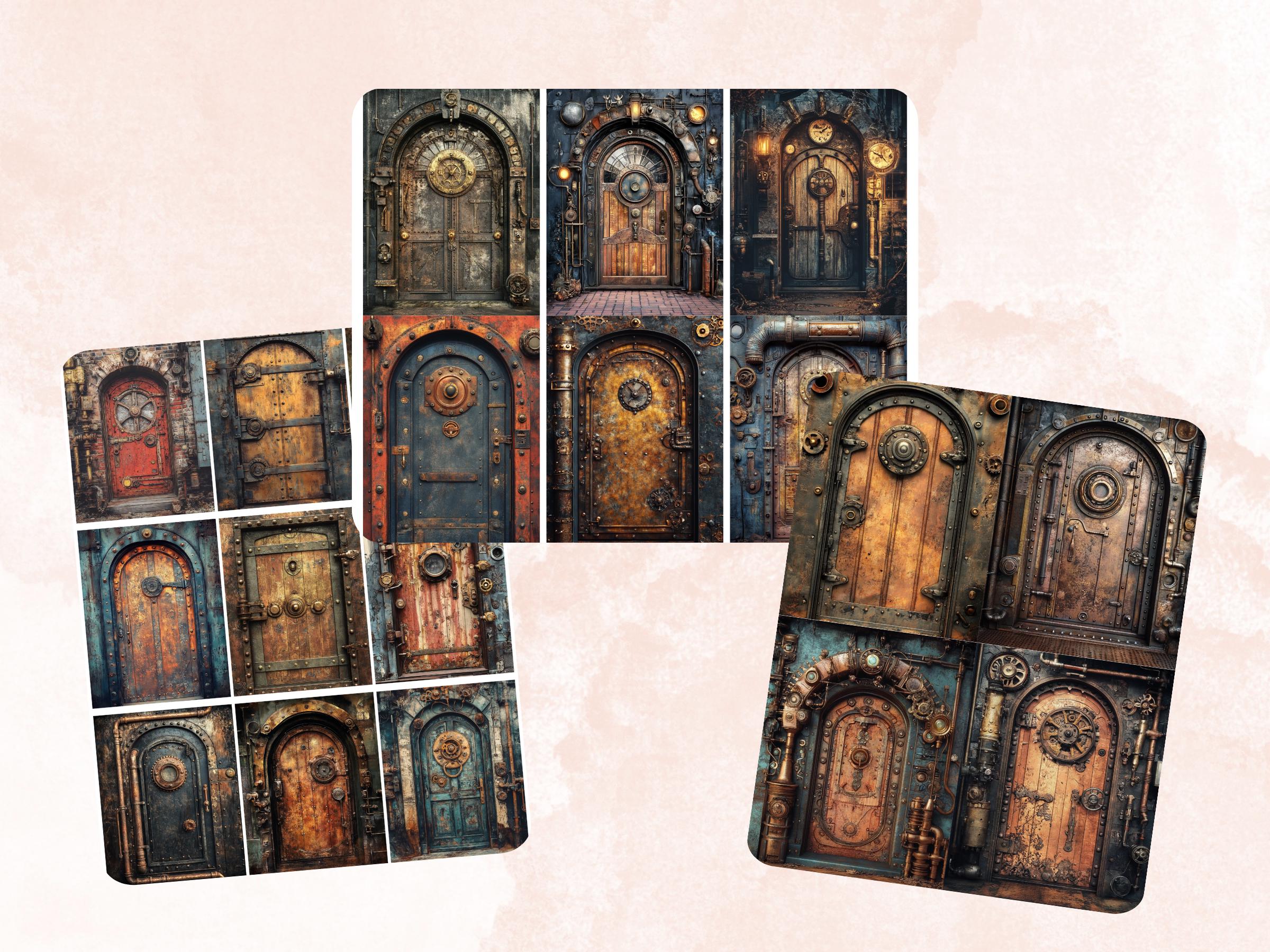 Steampunk Door Collage Paper, Surreal Steampunk Mixed Media Sheet, Industrial Door Background, Whimsical Ephemera Images, Journal, Scrapbook