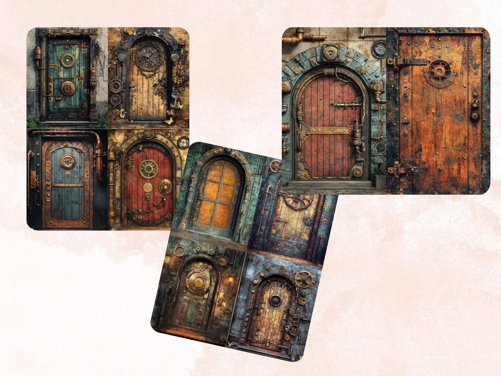 Steampunk Door Collage Paper, Surreal Steampunk Mixed Media Sheet, Industrial Door Background, Whimsical Ephemera Images, Journal, Scrapbook