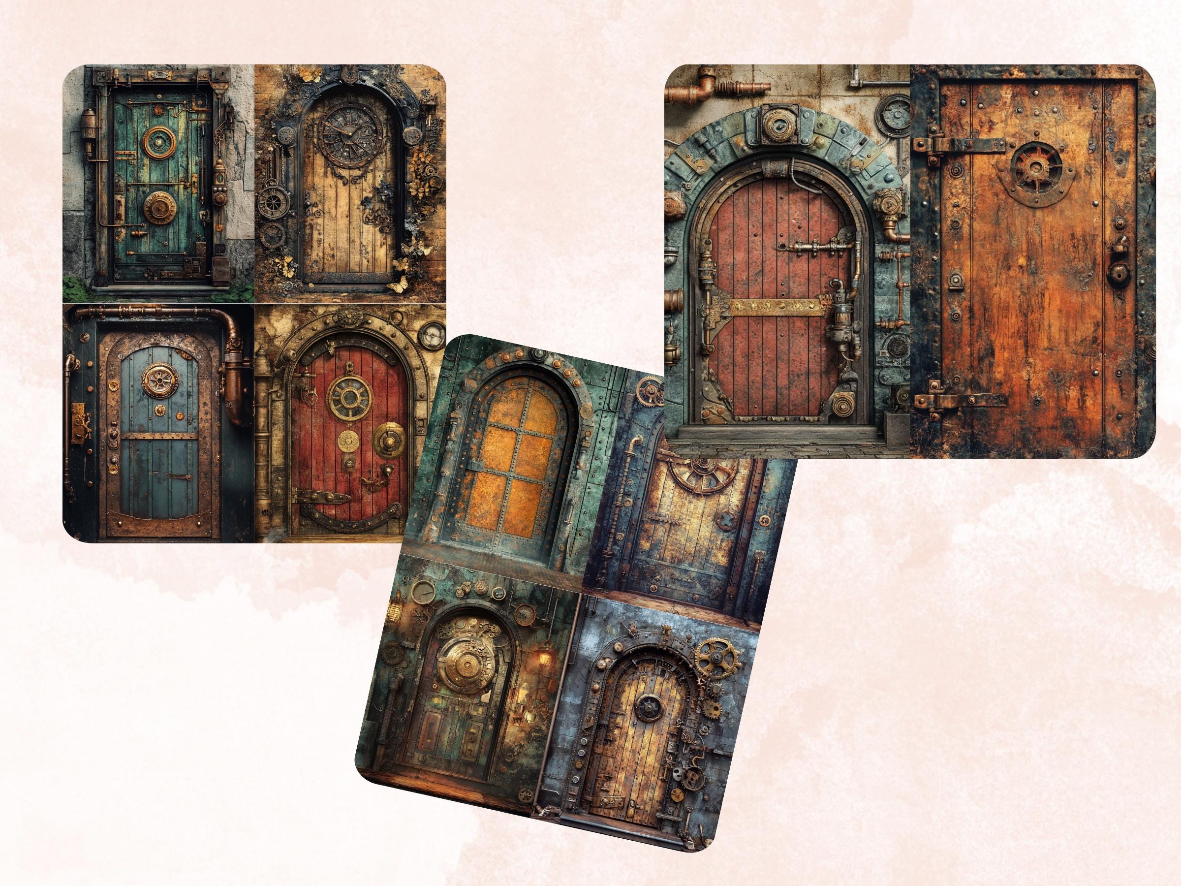 Steampunk Door Collage Paper, Surreal Steampunk Mixed Media Sheet, Industrial Door Background, Whimsical Ephemera Images, Journal, Scrapbook