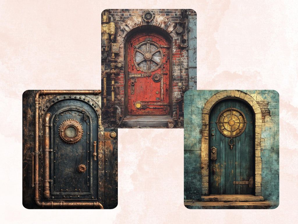 Steampunk Door Collage Paper, Surreal Steampunk Mixed Media Sheet, Industrial Door Background, Whimsical Ephemera Images, Journal, Scrapbook