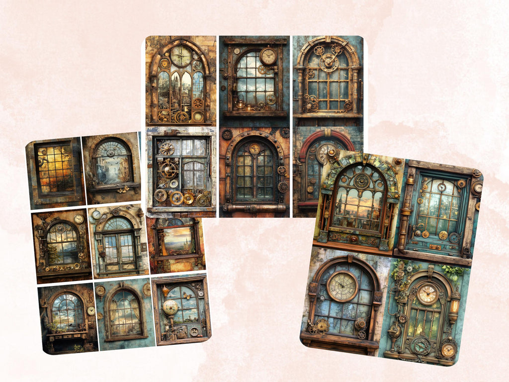 Steampunk Windows Collage Paper, Surreal Steampunk Mixed Media Sheet, Industrial Window Background, Whimsical Ephemera, Journal, Scrapbook