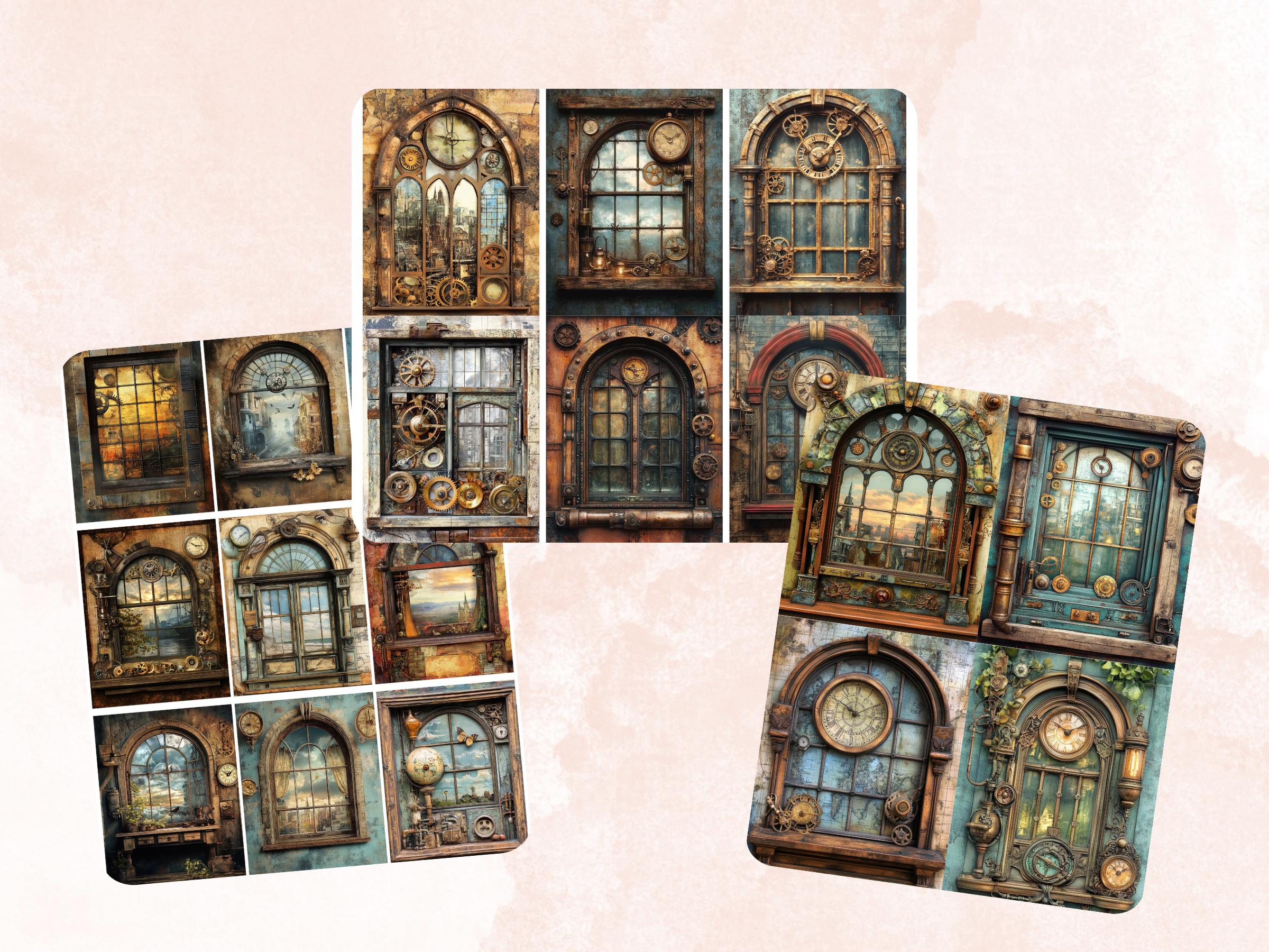 Steampunk Windows Collage Paper, Surreal Steampunk Mixed Media Sheet, Industrial Window Background, Whimsical Ephemera, Journal, Scrapbook